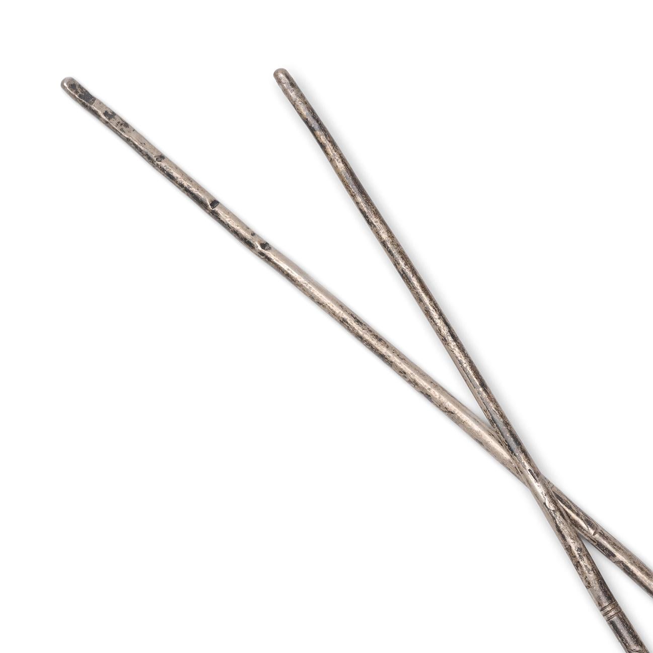 Etched Pair of Chinese White Brass Coal Chopsticks, c. 1900 For Sale