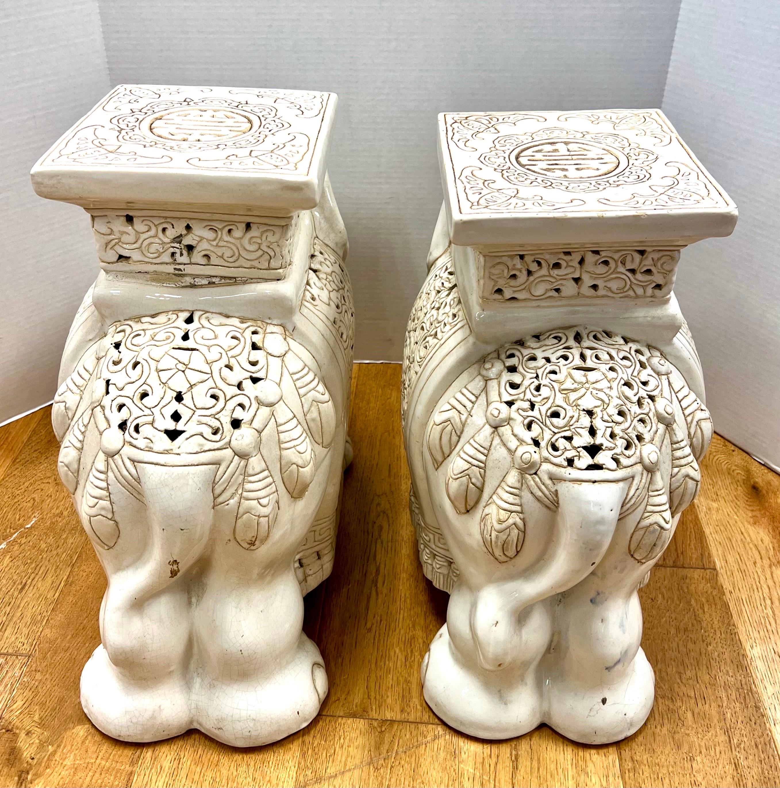Chinese Chippendale Pair of Chinese White Elephant Ceramic Garden Stools Plant Stands