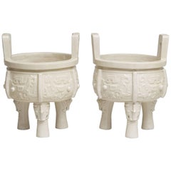 Pair of Chinese White Glazed Ceramic Archaistic Style Vessels