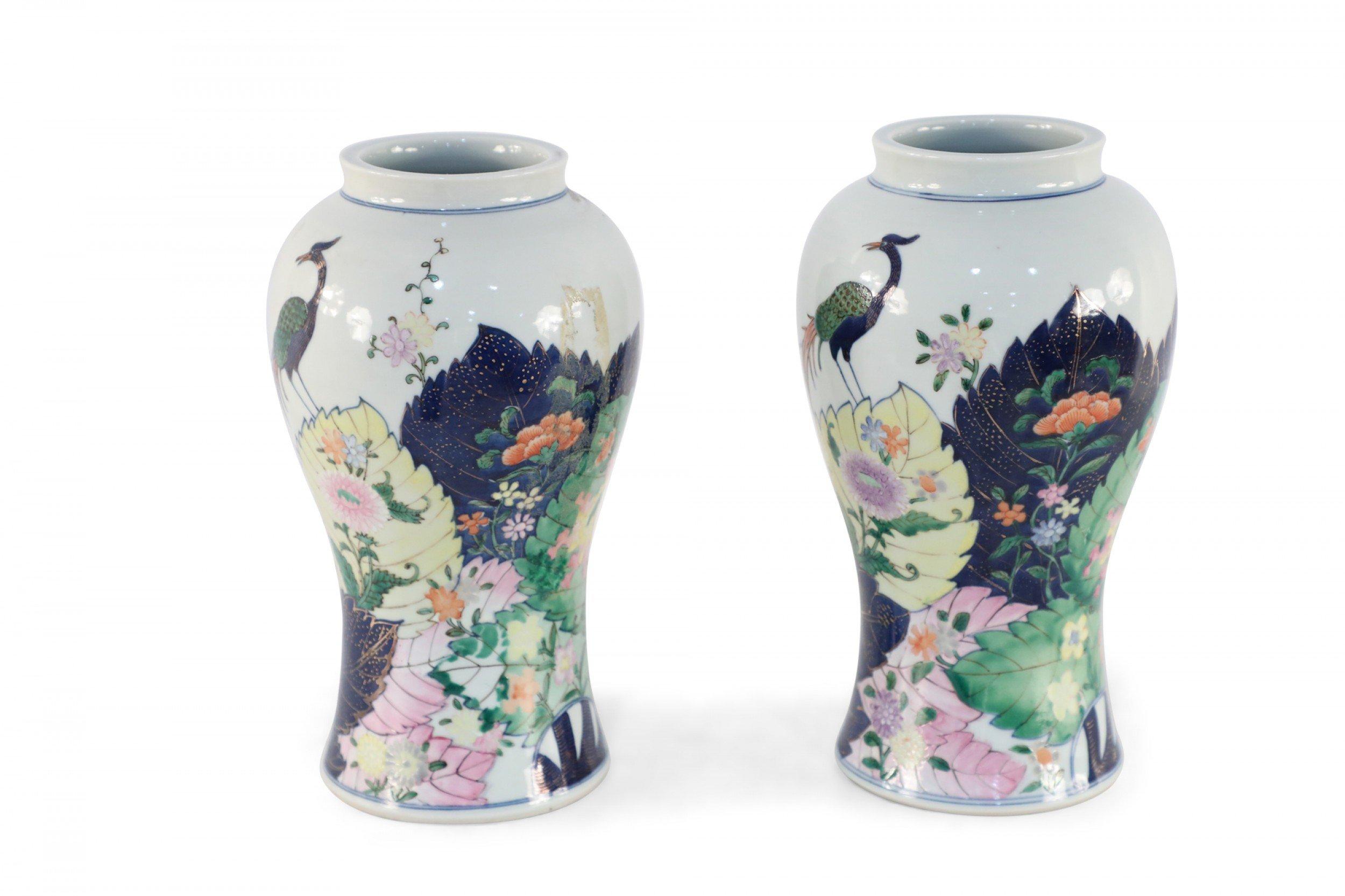 Chinese Export Pair of Chinese White Peacock and Floral Design Urn-Shaped Porcelain Vases For Sale