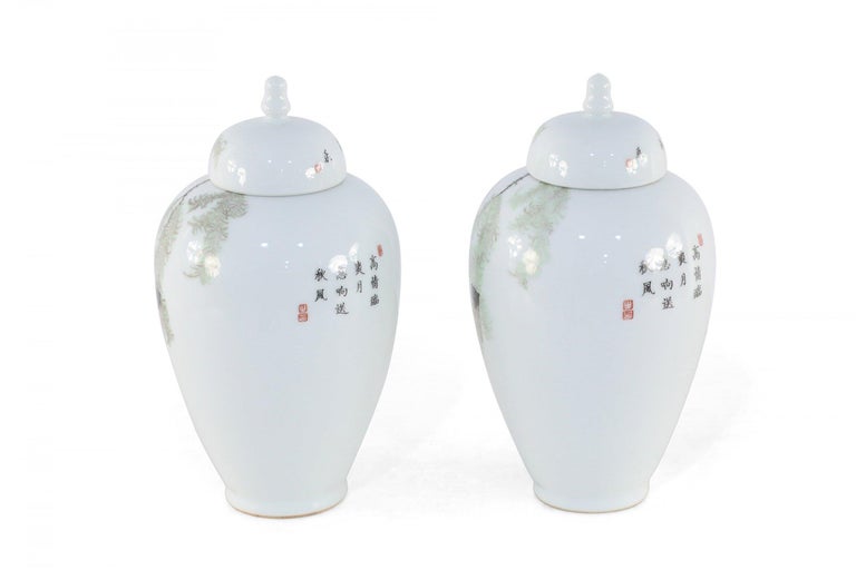 Chinese Export Pair of Chinese White Porcelain Famille Rose Lidded Jars For Sale