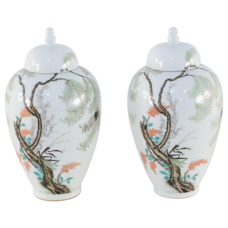 Pair of Chinese White Porcelain Famille Rose Lidded Jars For Sale