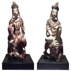 Pair of Chinese Wood Statues of Guanyin