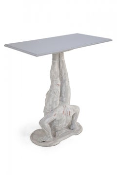 Pair of Chinese Wooden White Painted Contortionist Console Tables