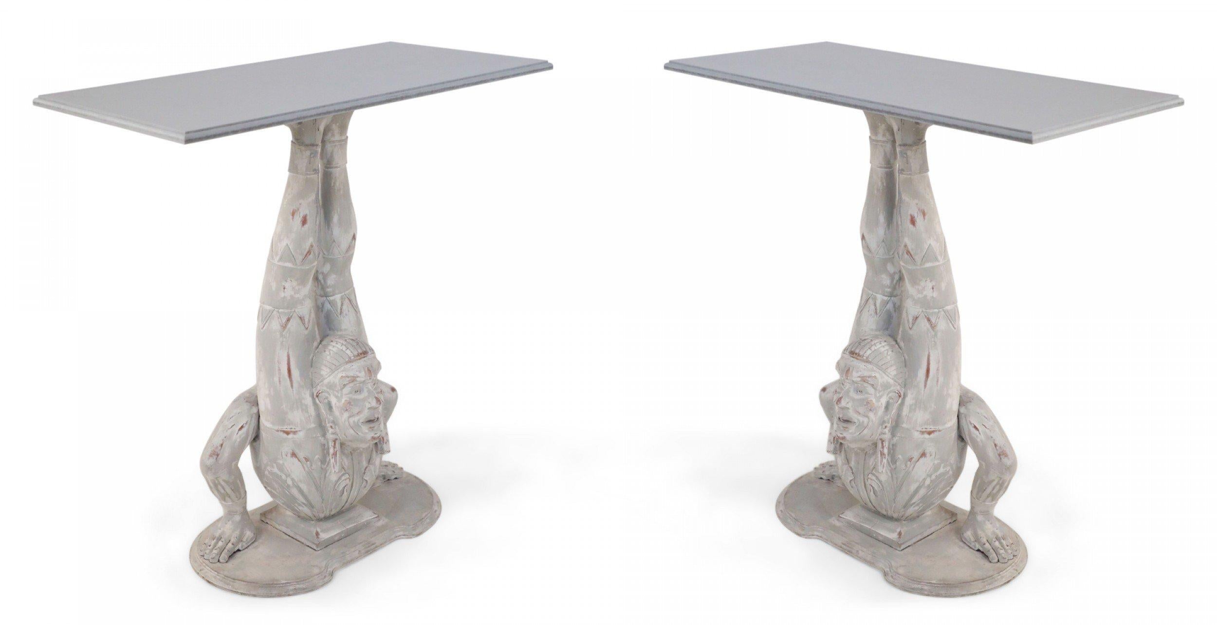 Chinese Export Pair of Chinese Wooden White Painted Contortionist Console Tables For Sale
