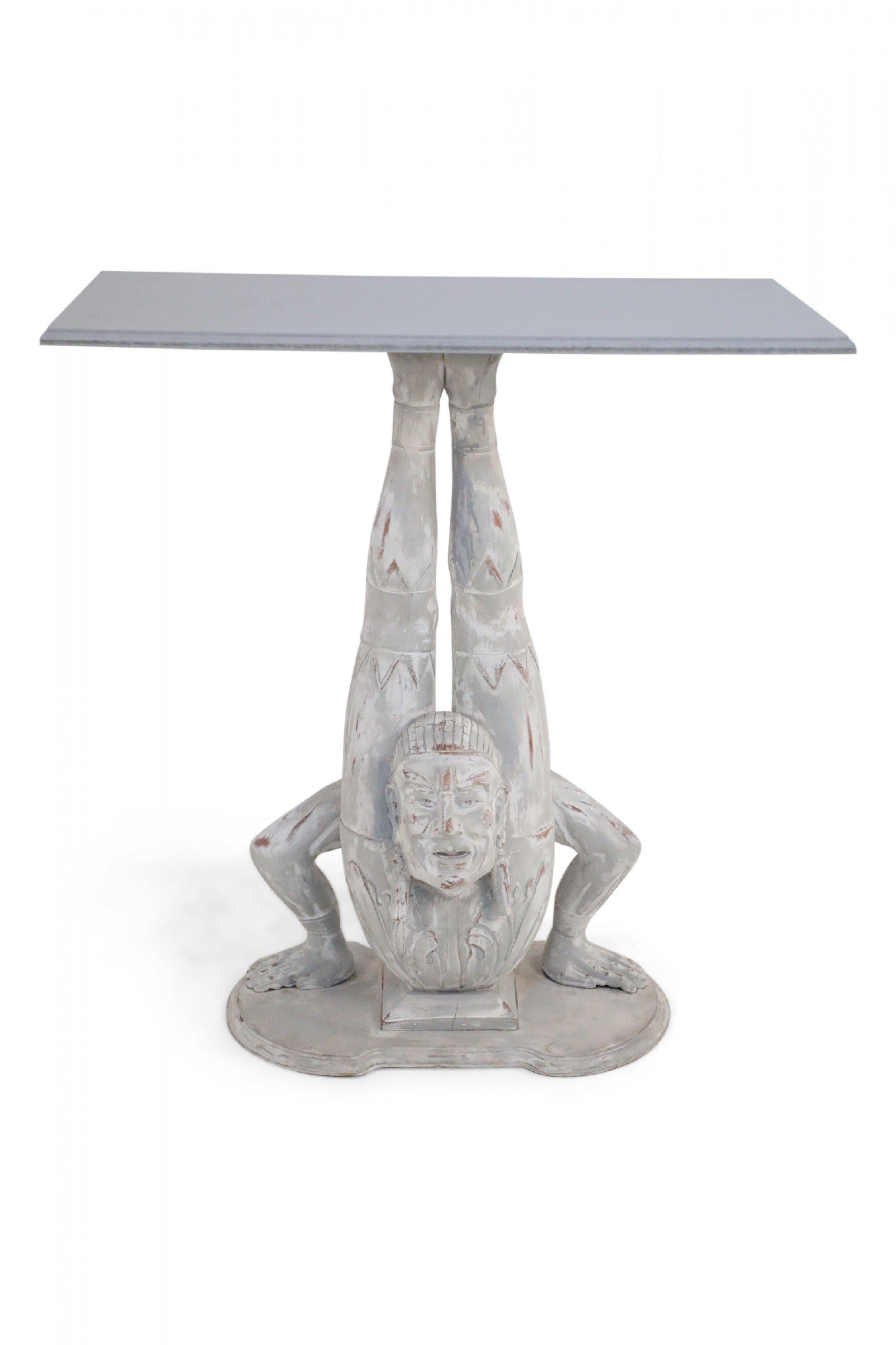Carved Pair of Chinese Wooden White Painted Contortionist Console Tables For Sale