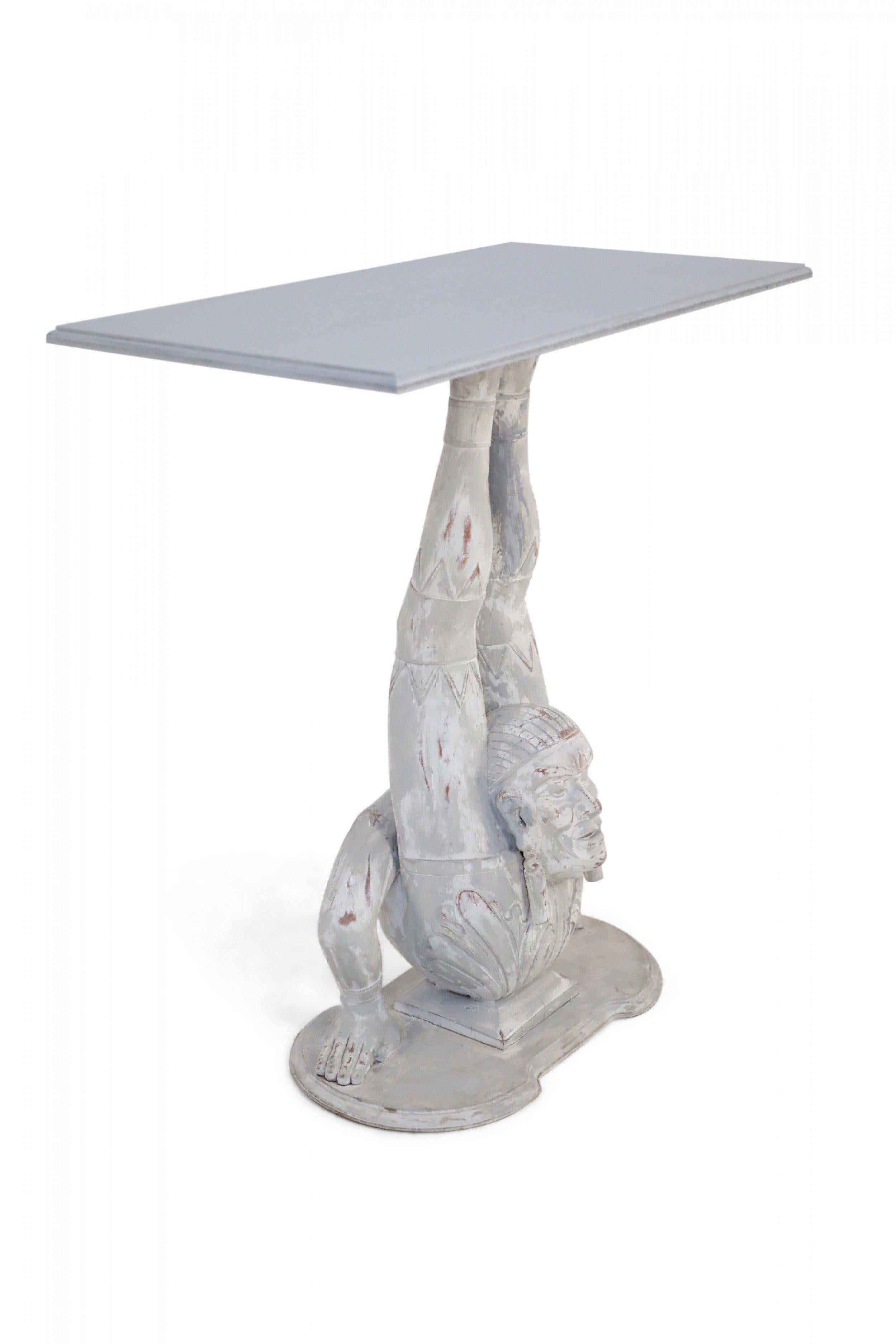 Pair of Chinese Wooden White Painted Contortionist Console Tables For Sale 3