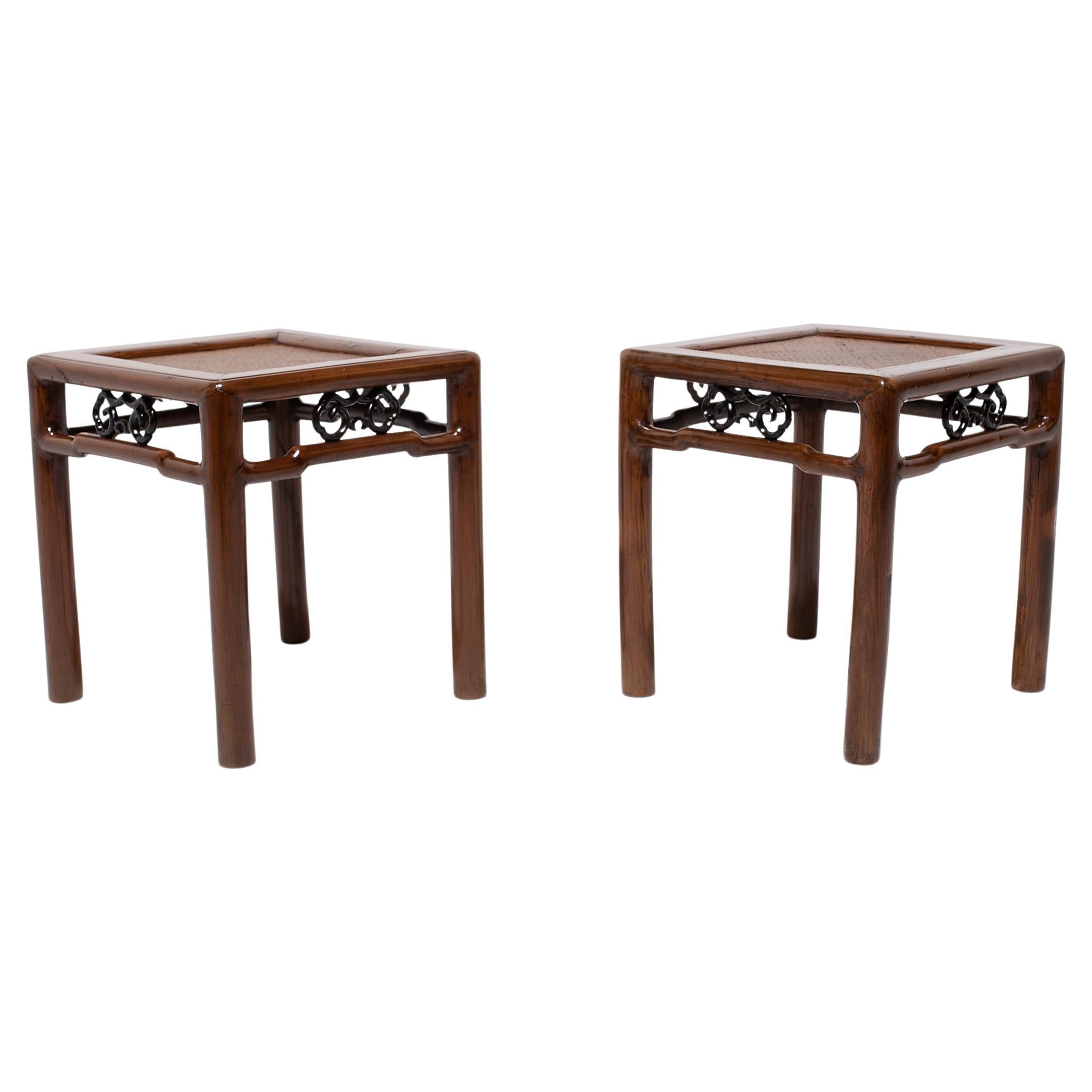 Pair of Chinese Woven Top Square Stools, c. 1850 For Sale