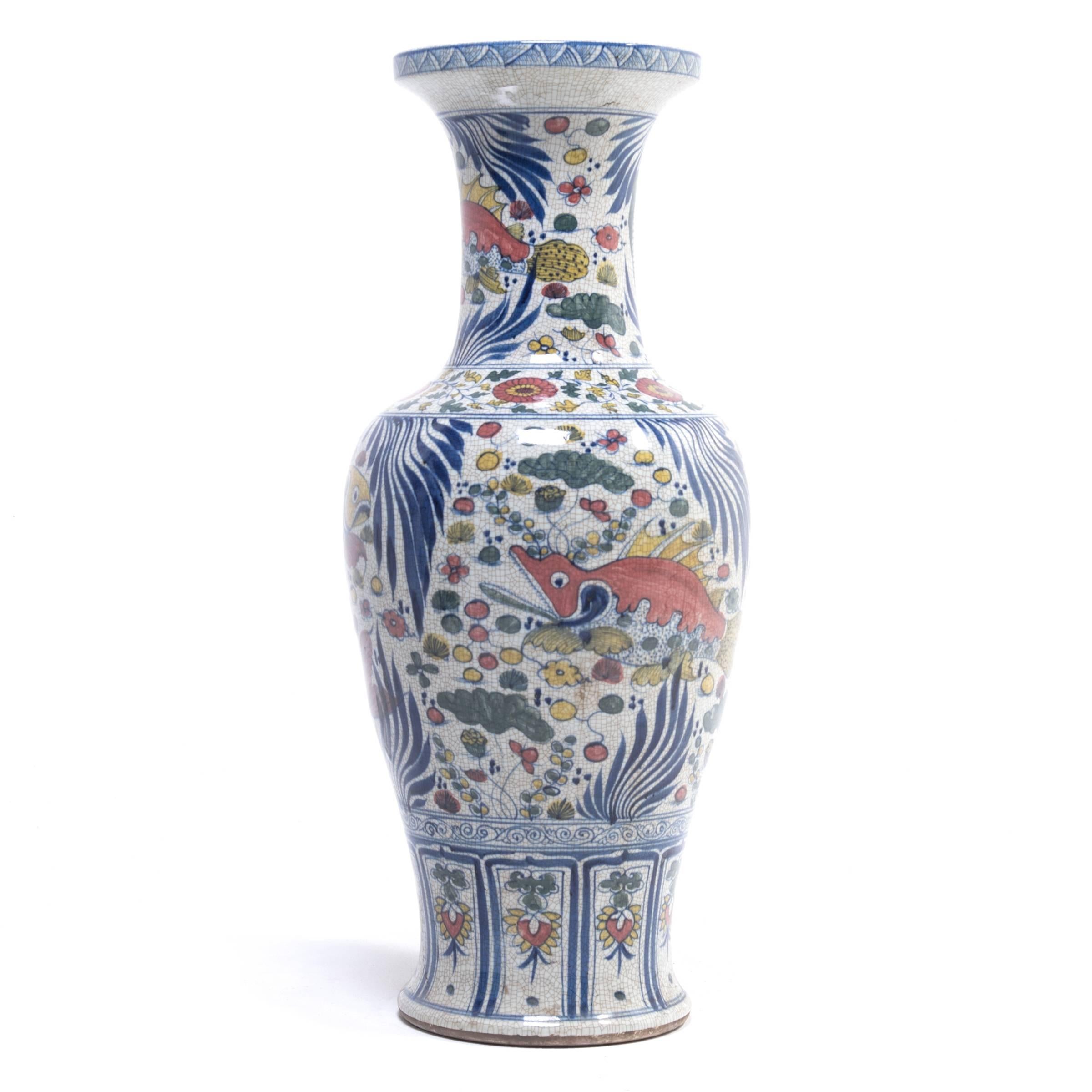 Pair of Chinese Wucai Fish and Fronds Vases 3