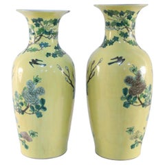 Pair of Chinese Yellow and Natural Scene Vases