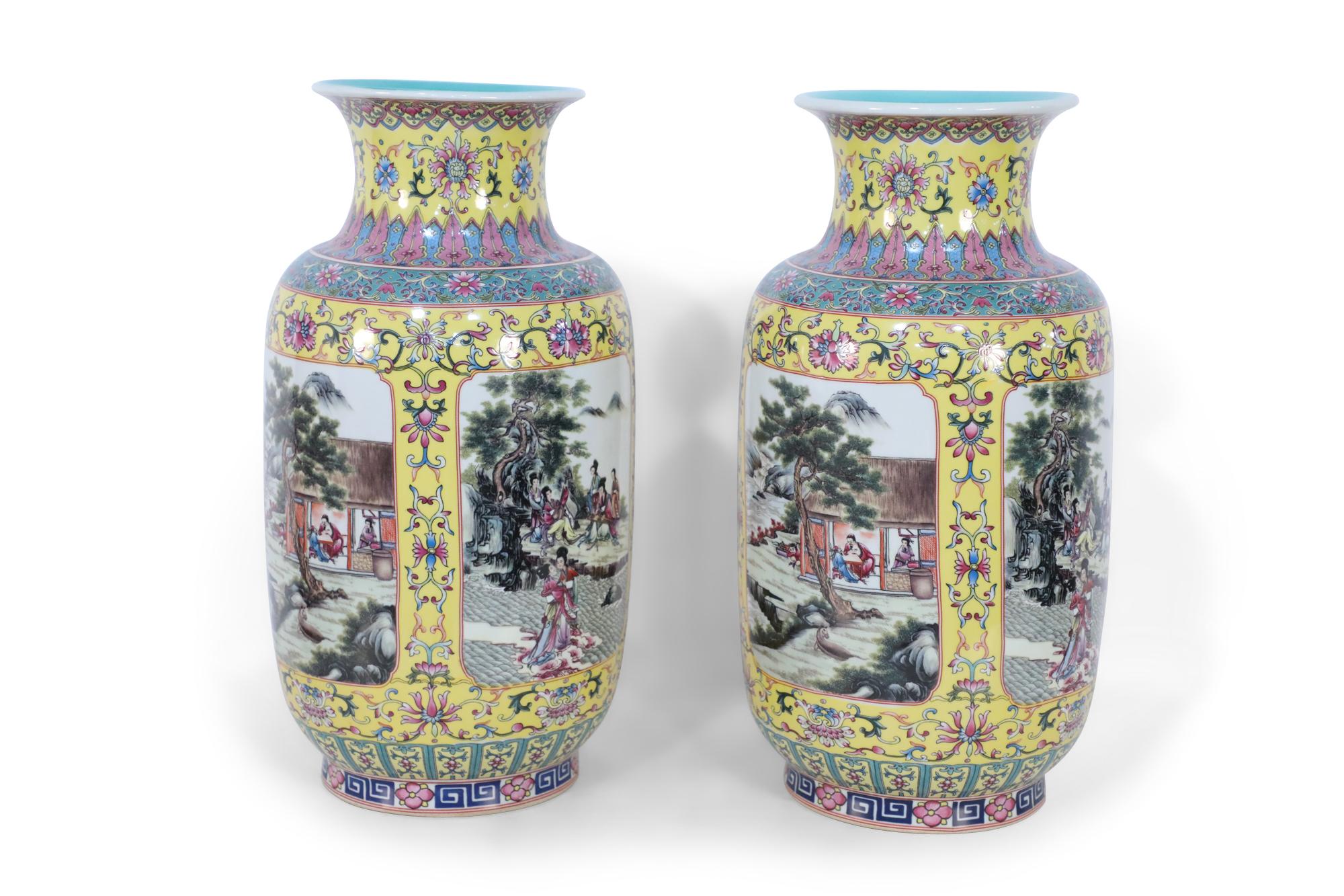Pair of Chinese Yellow and Turquoise Genre Vignette Porcelain Vases 5