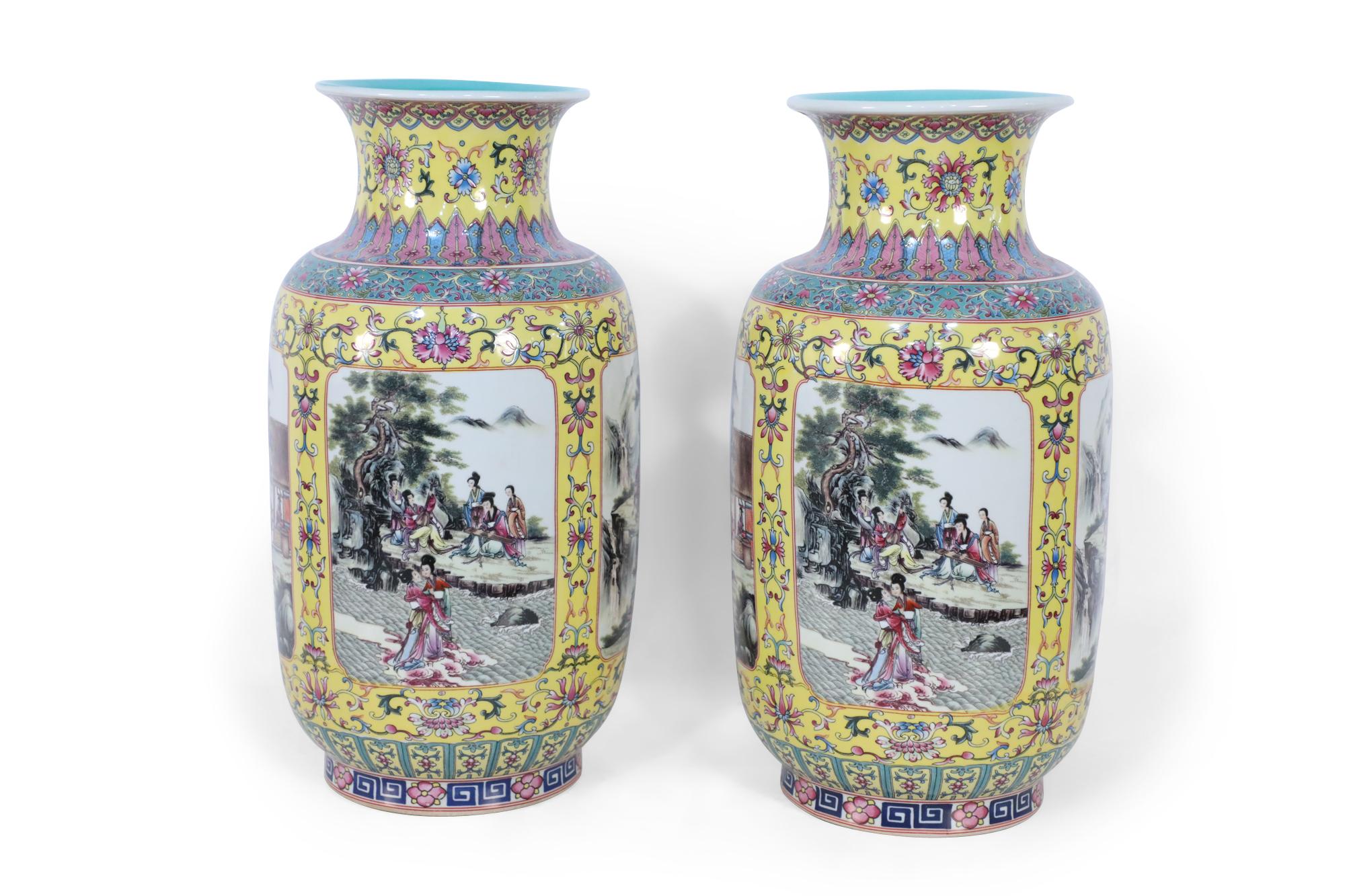 Pair of Chinese Yellow and Turquoise Genre Vignette Porcelain Vases 6