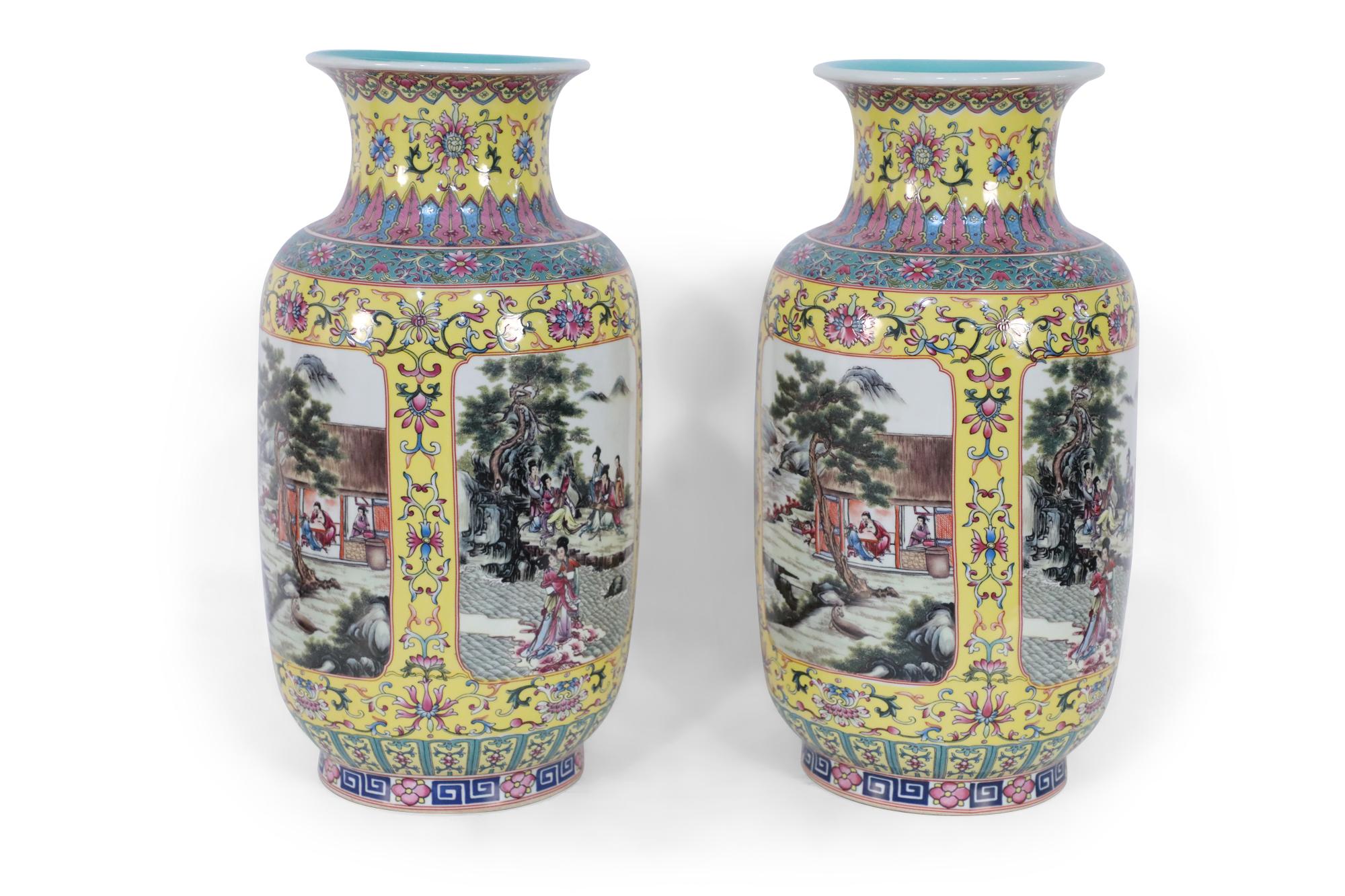 Pair of Chinese vases with turquoise interiors, and yellow and turquoise grounds decorated in purple and blue floral designs, framing central, richly depicted genre vignettes wrapping the entirety of the bodies (priced as pair).