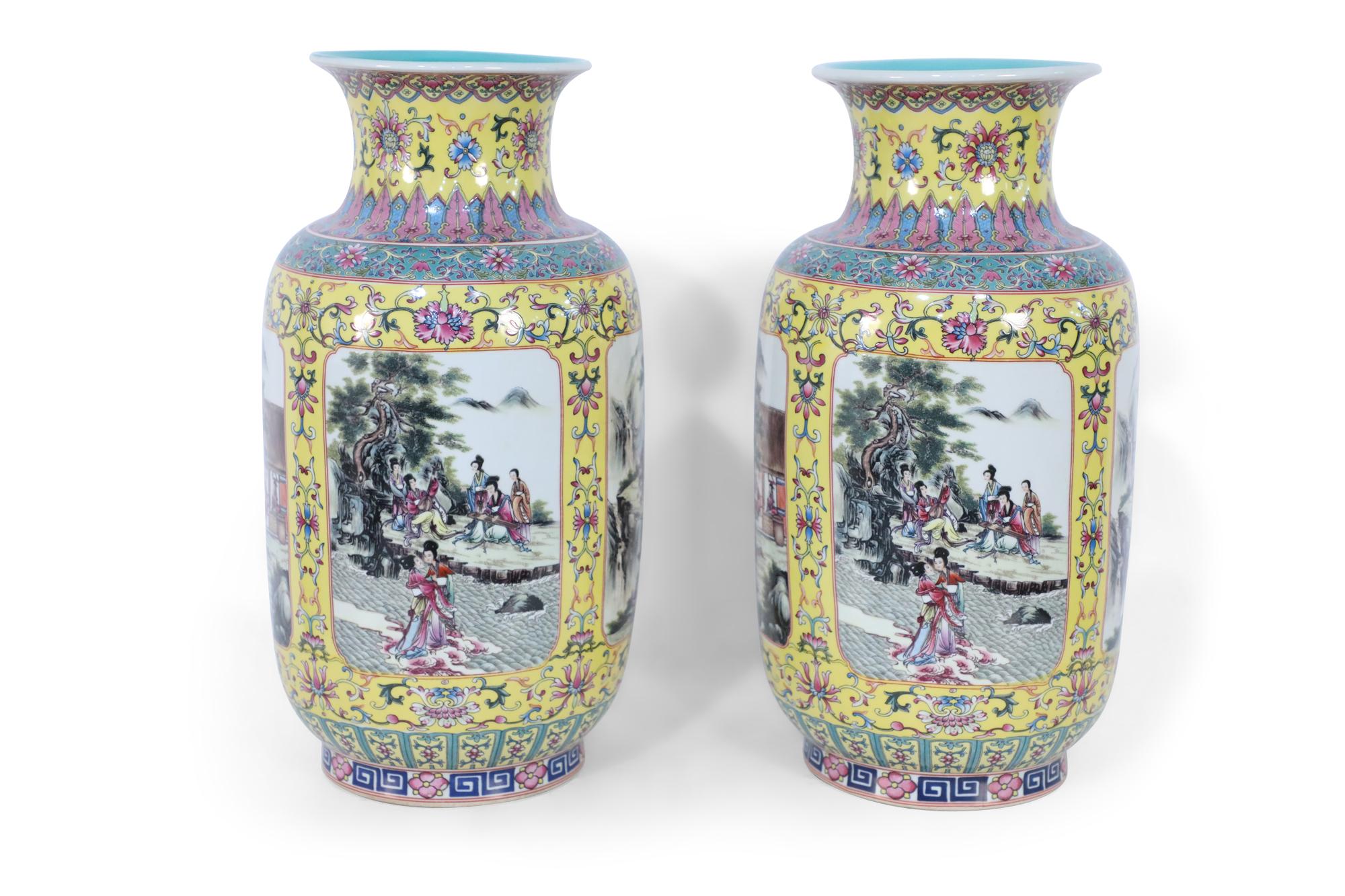 Chinese Export Pair of Chinese Yellow and Turquoise Genre Vignette Porcelain Vases