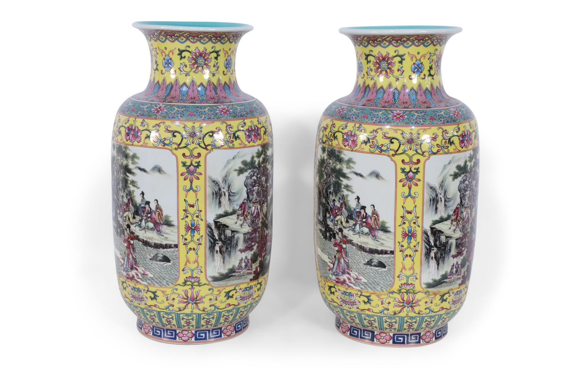 Pair of Chinese Yellow and Turquoise Genre Vignette Porcelain Vases In Good Condition In New York, NY