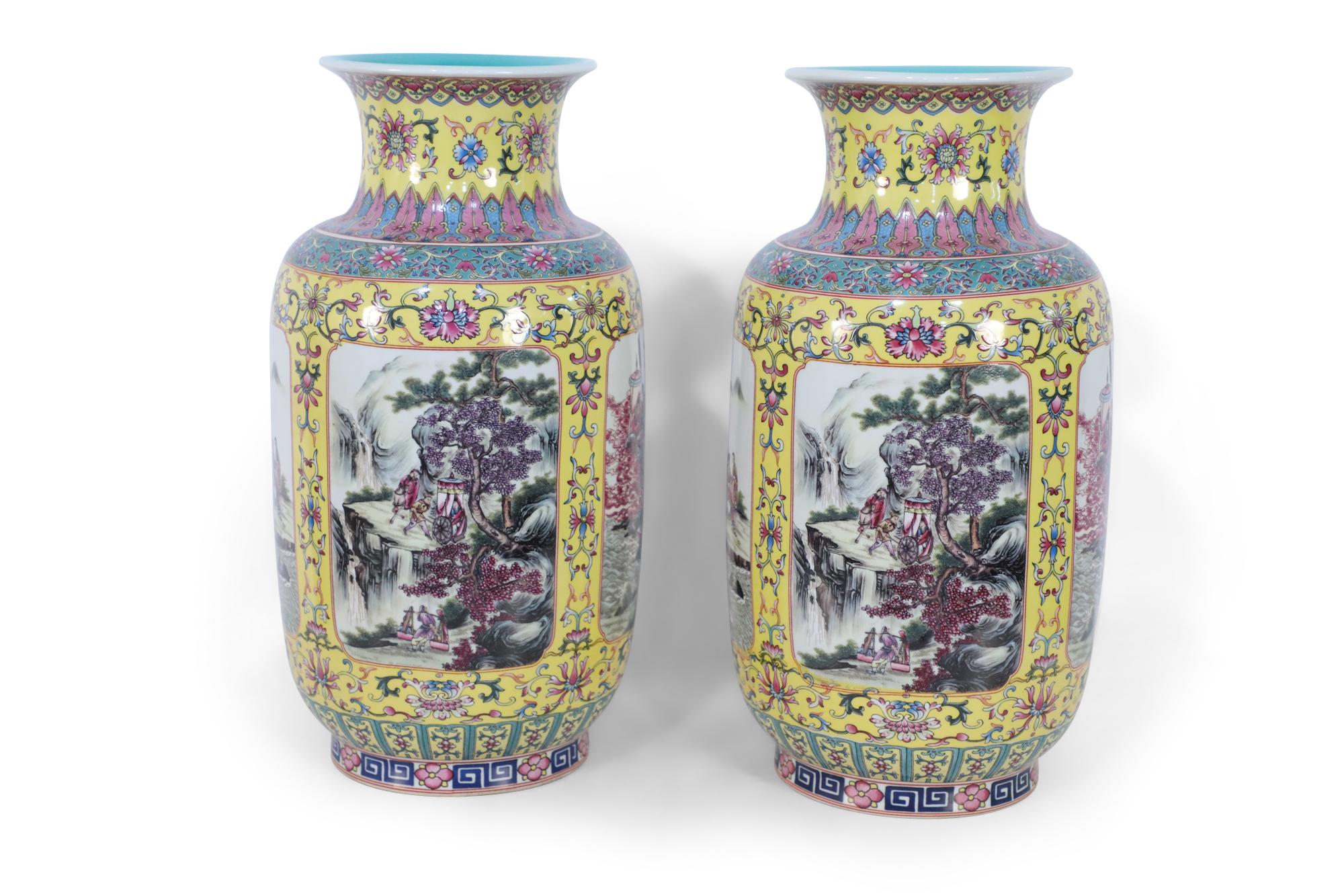 20th Century Pair of Chinese Yellow and Turquoise Genre Vignette Porcelain Vases