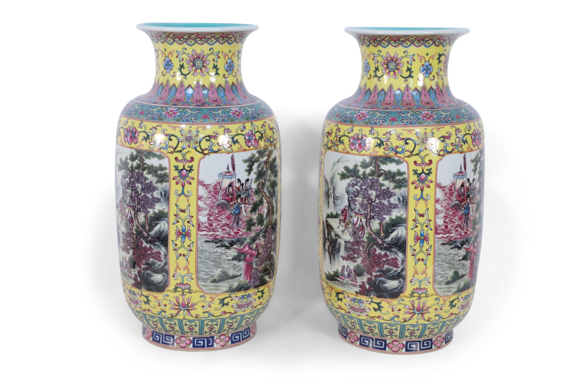 Pair of Chinese Yellow and Turquoise Genre Vignette Porcelain Vases 1