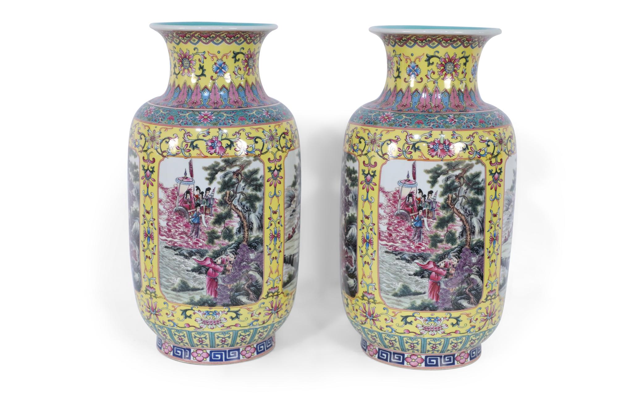 Pair of Chinese Yellow and Turquoise Genre Vignette Porcelain Vases 2