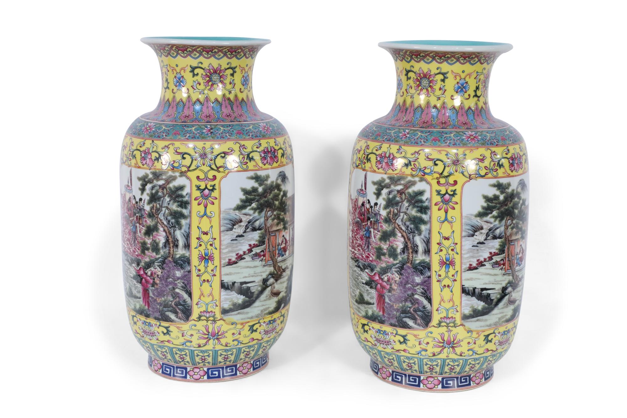 Pair of Chinese Yellow and Turquoise Genre Vignette Porcelain Vases 3