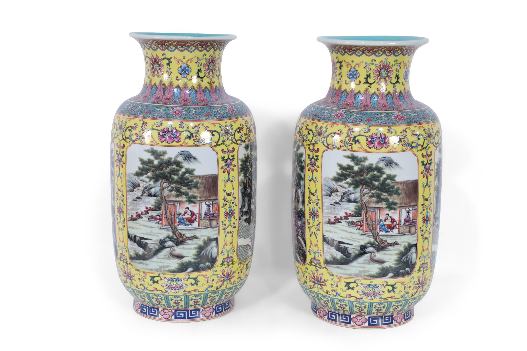 Pair of Chinese Yellow and Turquoise Genre Vignette Porcelain Vases 4