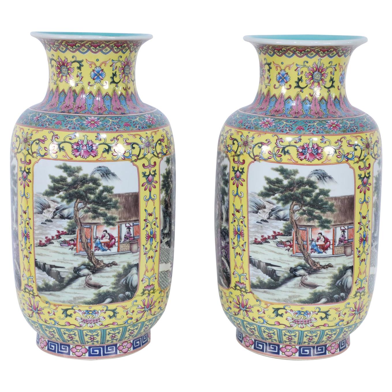 Pair of Chinese Yellow and Turquoise Genre Vignette Porcelain Vases