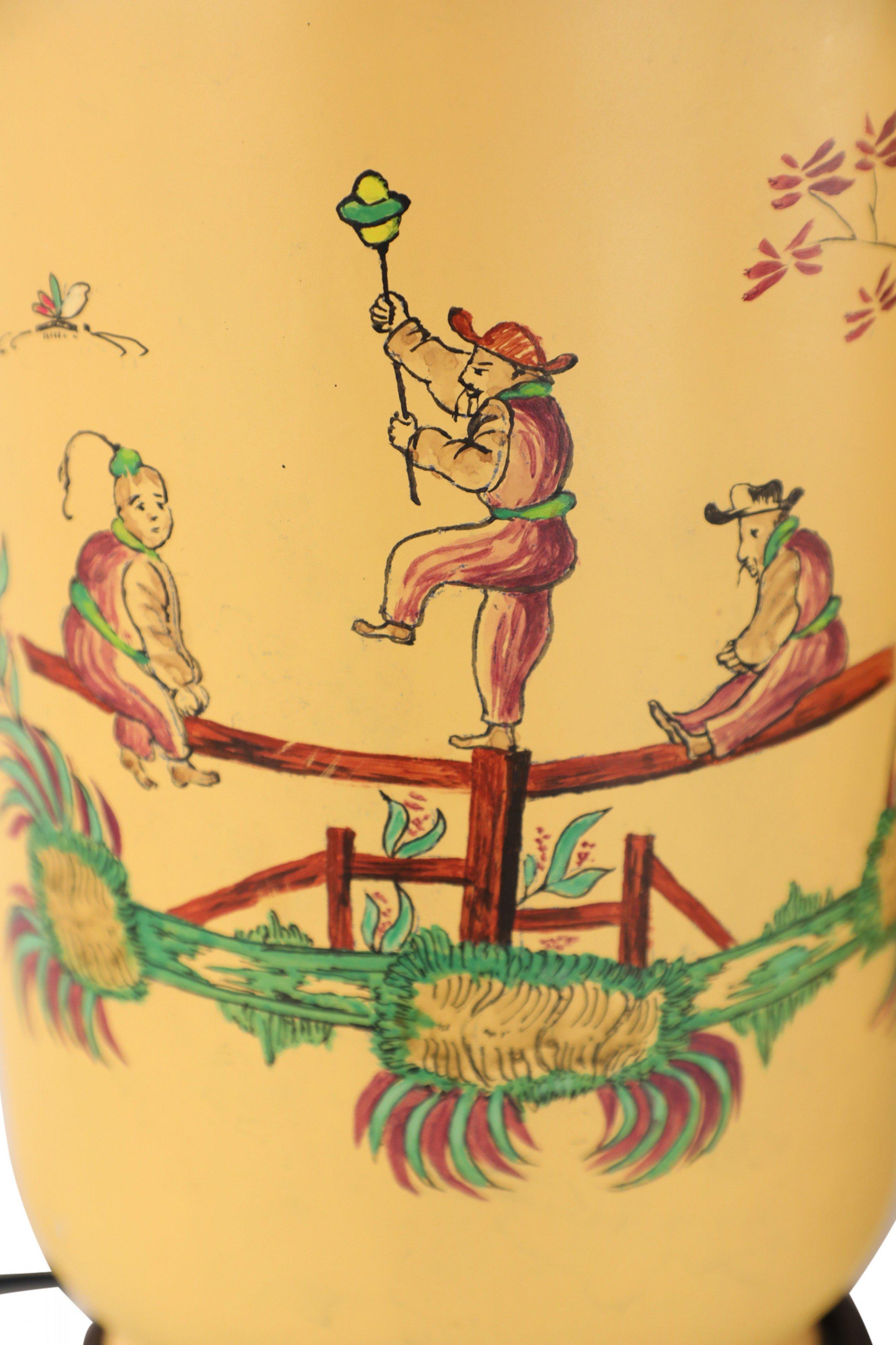Chinese Export Pair of Chinese Yellow Balancing Scene Table Lamps For Sale