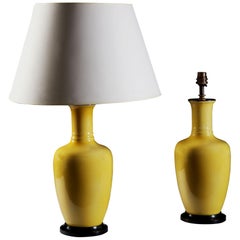 Pair of Chinese Yellow Ceramic Table Lamps with Ebonised Bases