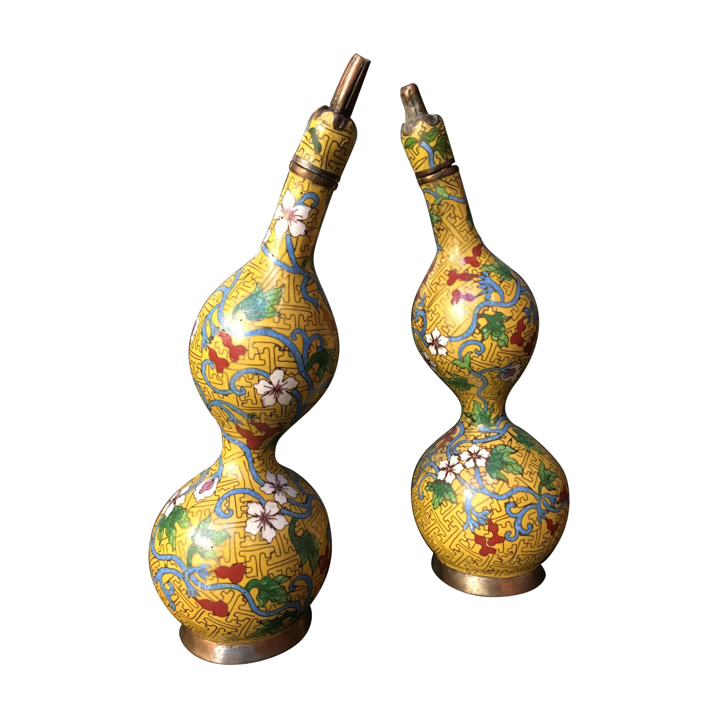 Pair of Chinese Yellow Cloisonne Double Gourd Bottles, Early 20th Century