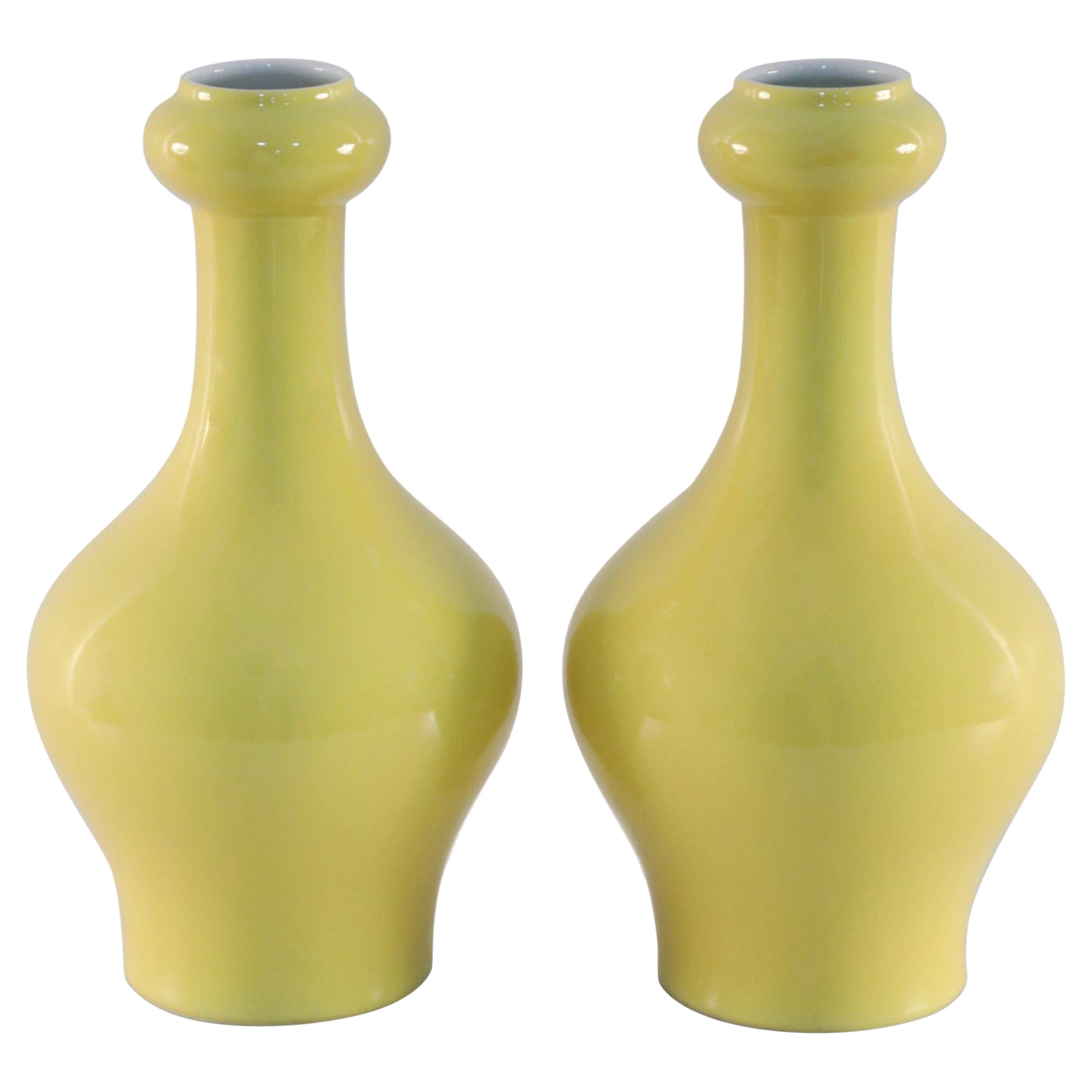 Pair of Chinese Yellow Garlic-Mouthed Porcelain Vases