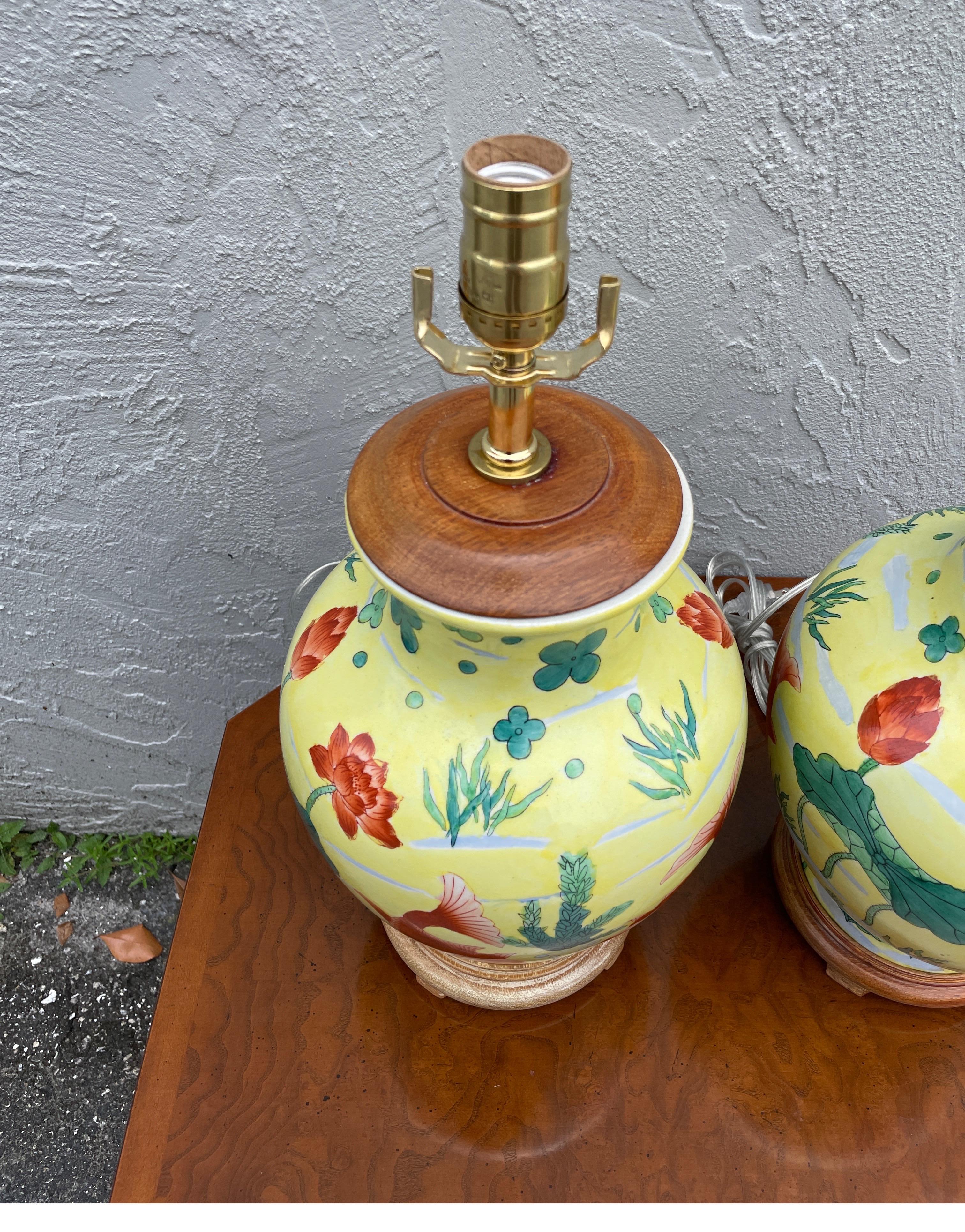 20th Century Pair of Chinese Yellow Ginger Jar Lamps with Coy Fish For Sale