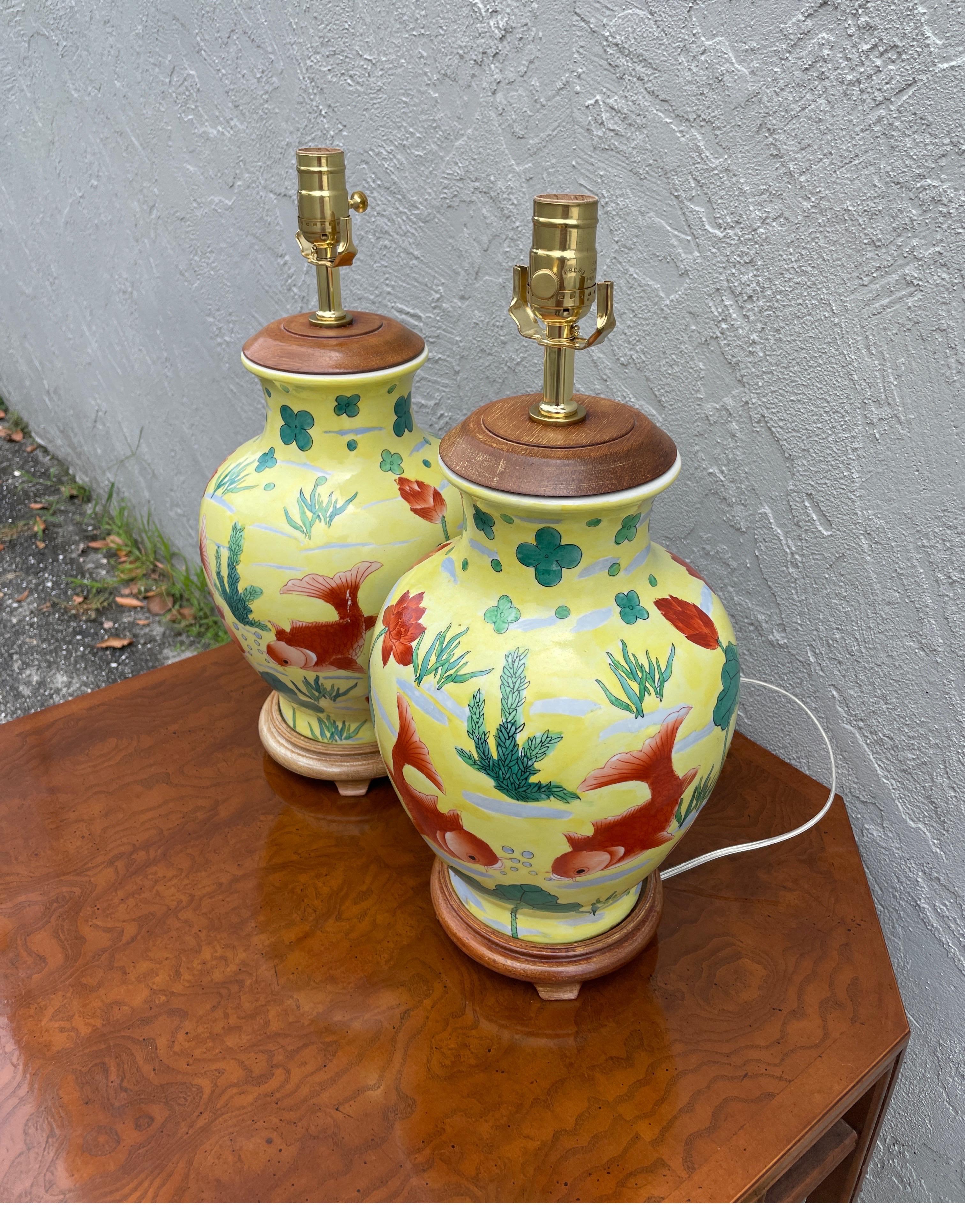 Porcelain Pair of Chinese Yellow Ginger Jar Lamps with Coy Fish For Sale