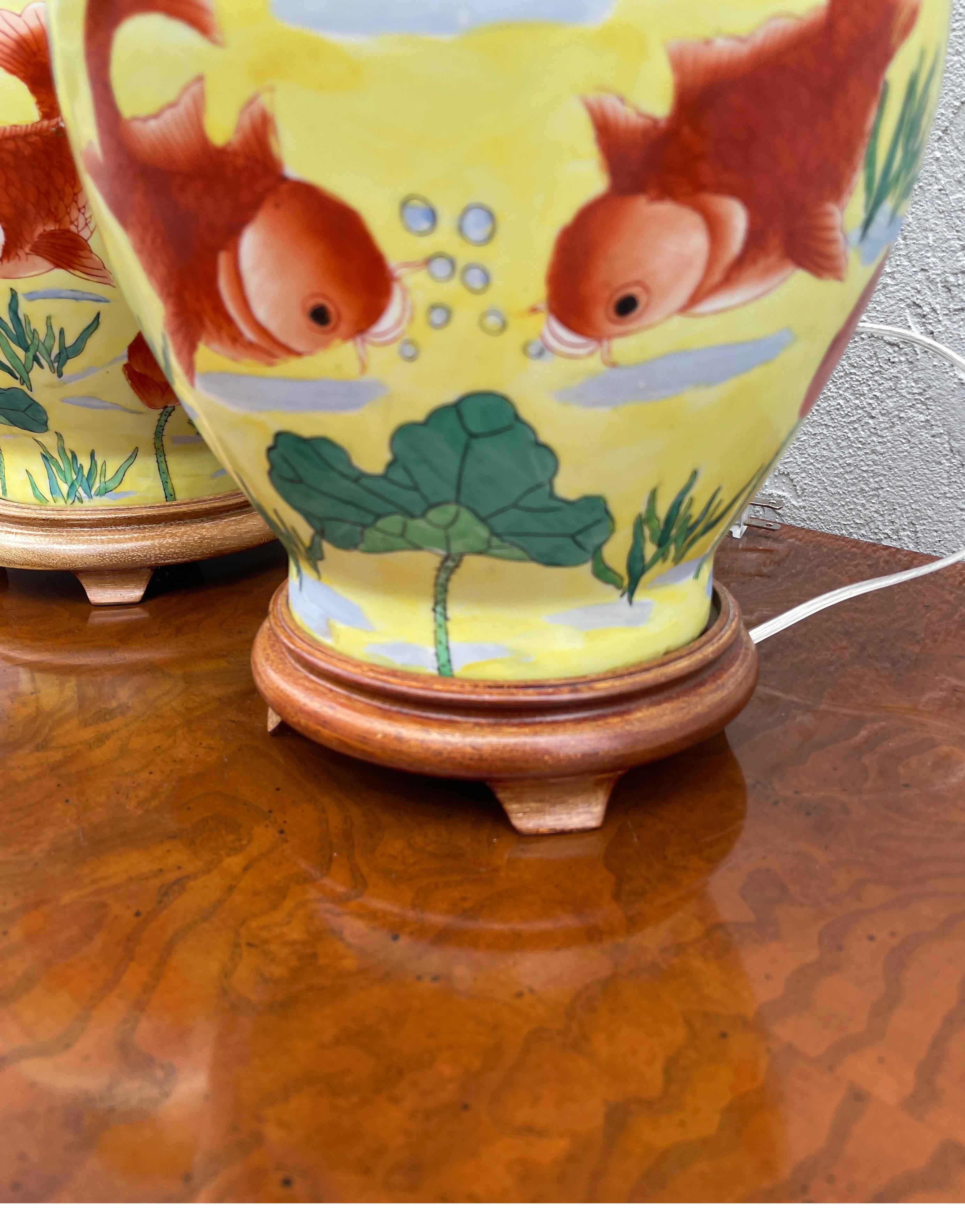 Pair of Chinese Yellow Ginger Jar Lamps with Coy Fish For Sale 1