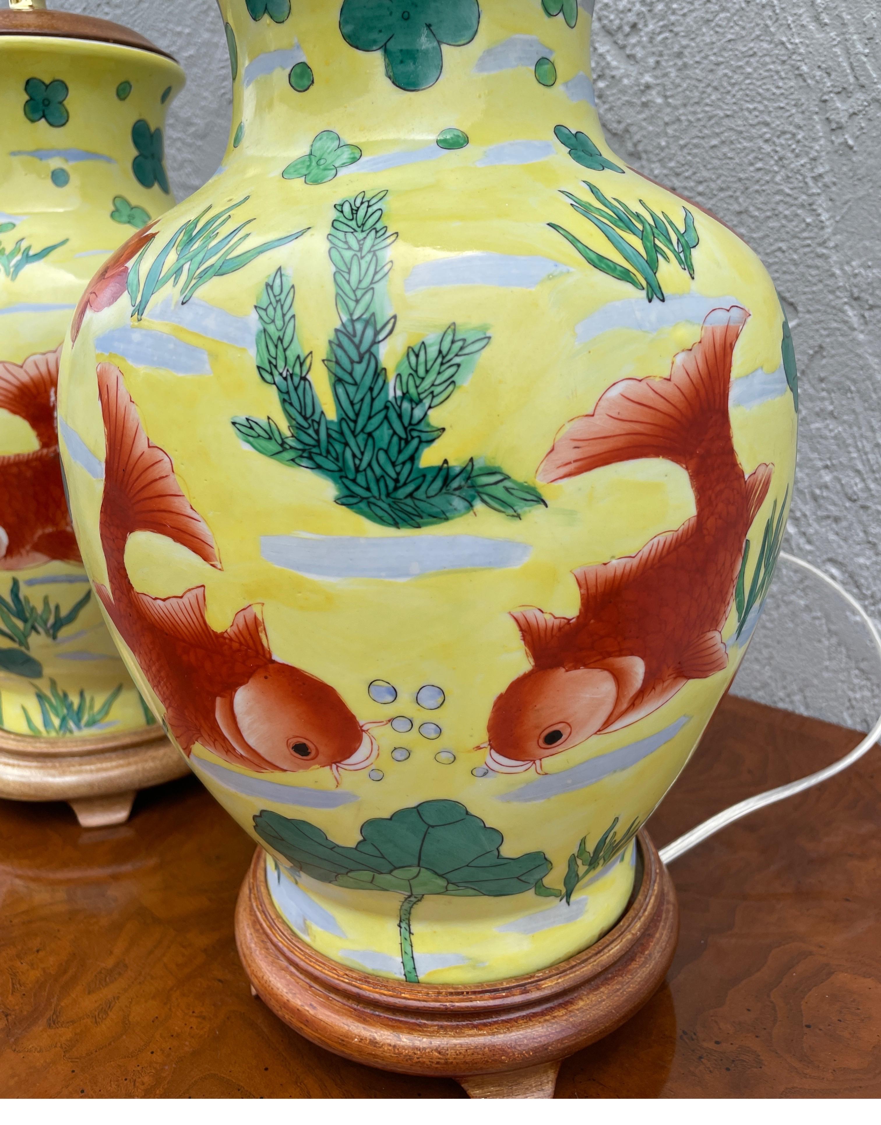Pair of Chinese Yellow Ginger Jar Lamps with Coy Fish For Sale 2