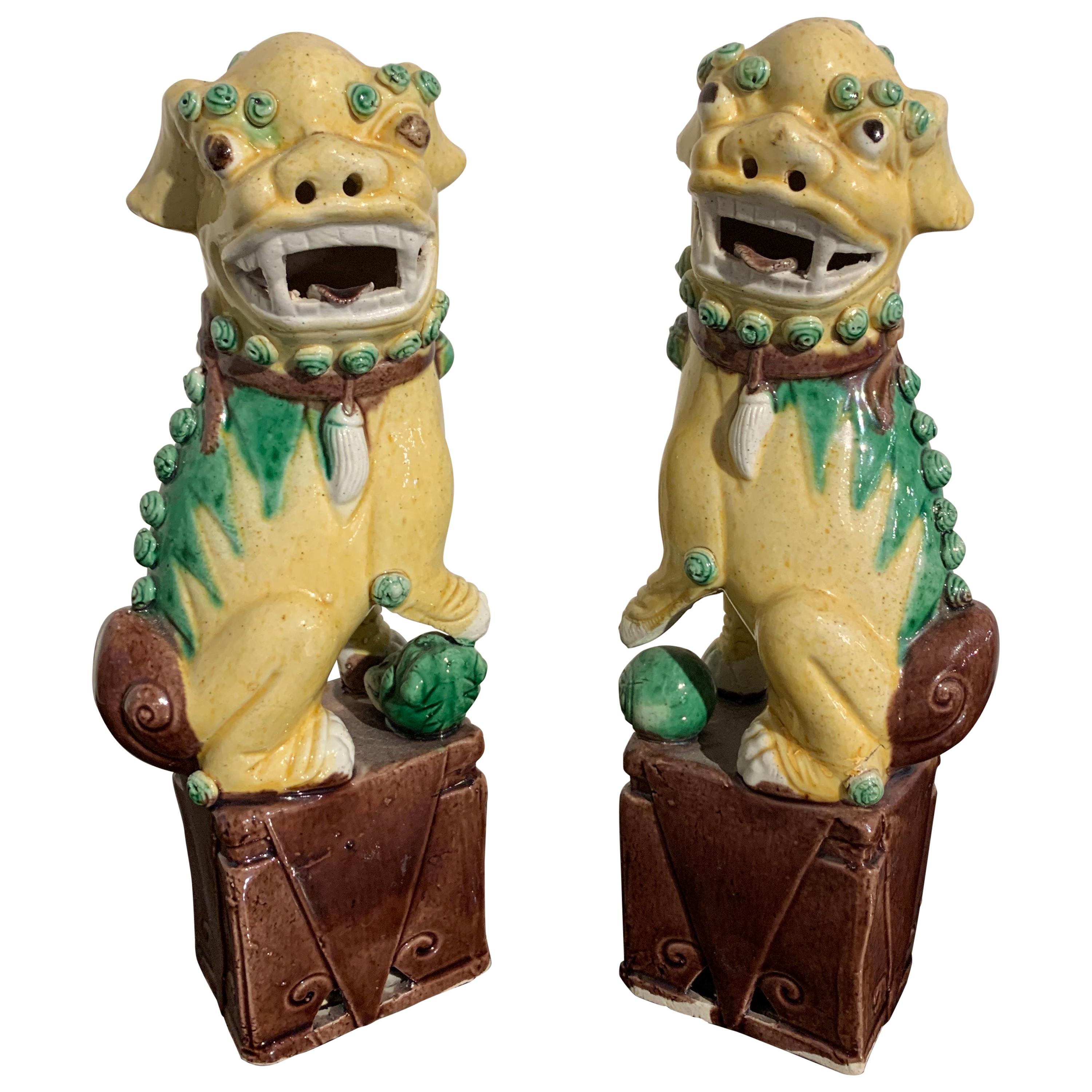 Pair of Chinese Yellow Glazed Foo Dogs, Republic Period, Early 20th Century