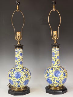 Pair of Chinese Yellow Ground Blue Underglaze Lamps