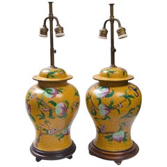 Pair of Chinese Yellow Ground Cloisonne Lamps