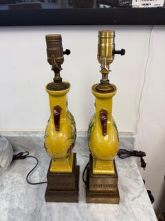 Pair of Chinese Yellow Porcelain Lamps w/Lotus & Crane Motif, Brass Greek Key