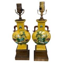 Pair of Chinese Yellow Porcelain Lamps w/Lotus & Crane Motif, Brass Greek Key