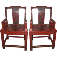 Pair of Chinoiserie Armchairs in Red Lacquer