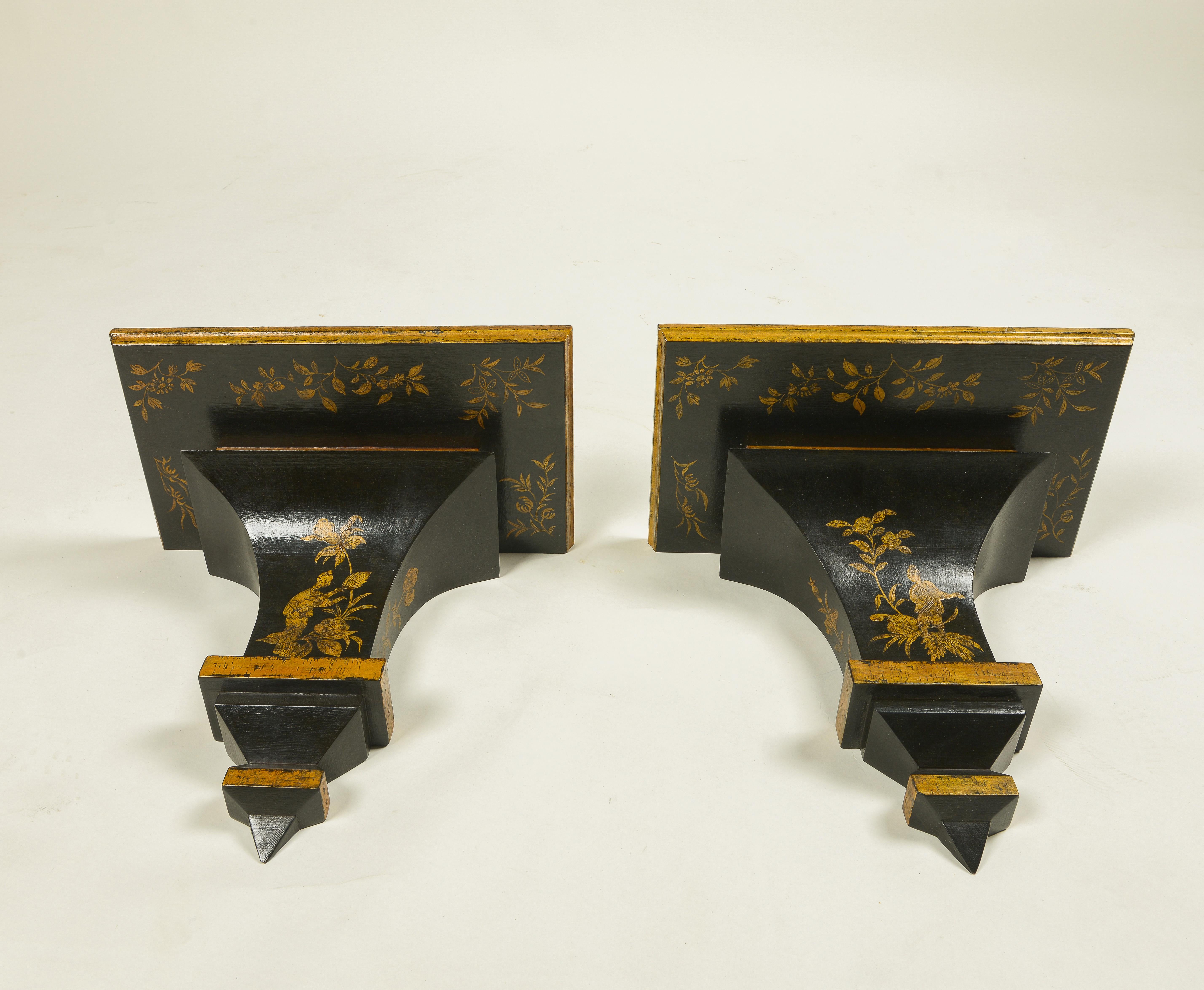 Wood Pair of Chinoiserie Black and Gilt Brackets For Sale