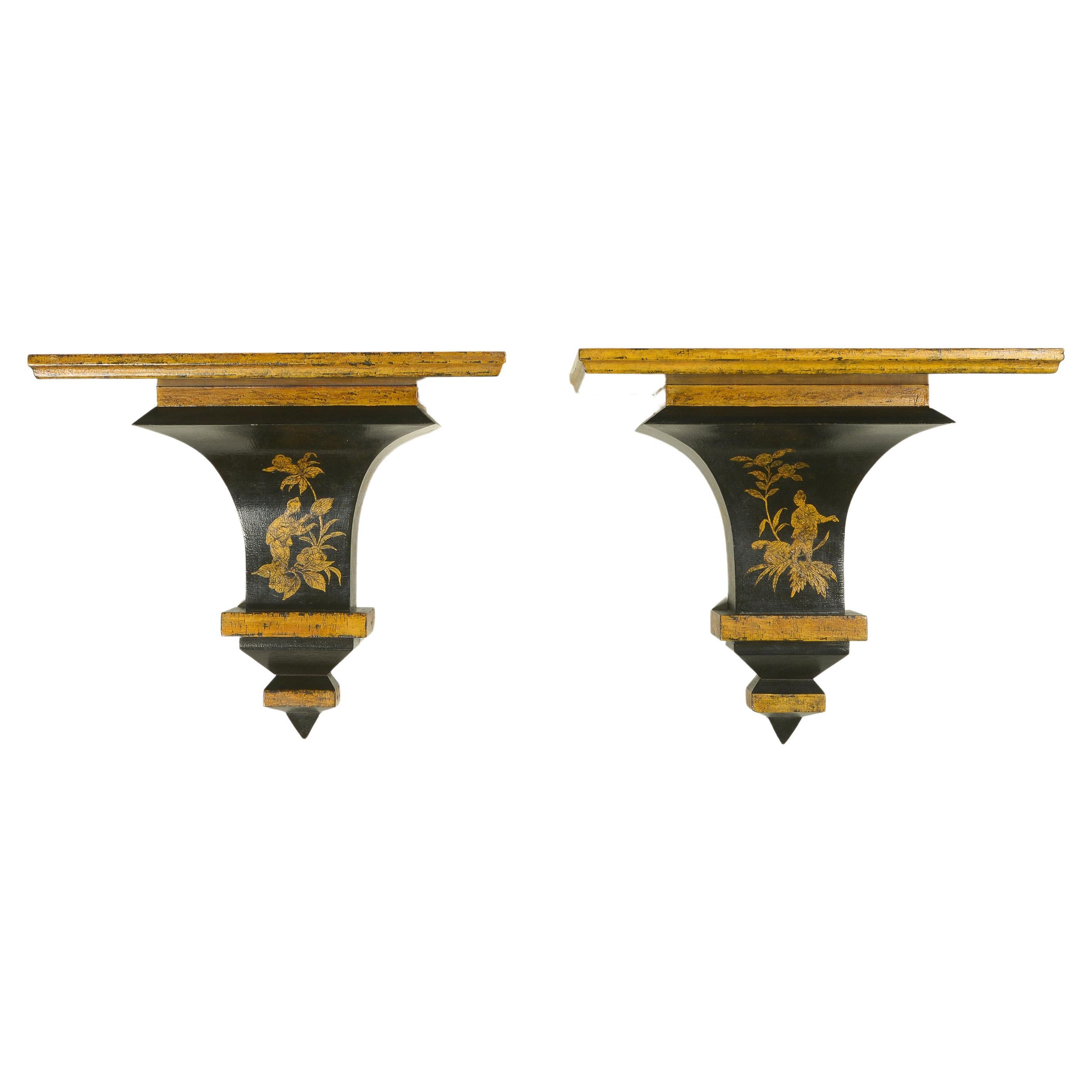 Pair of Chinoiserie Black and Gilt Brackets For Sale