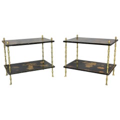 Pair of Chinoiserie Black Lacquer and Brass End Tables Attributed to Baguès