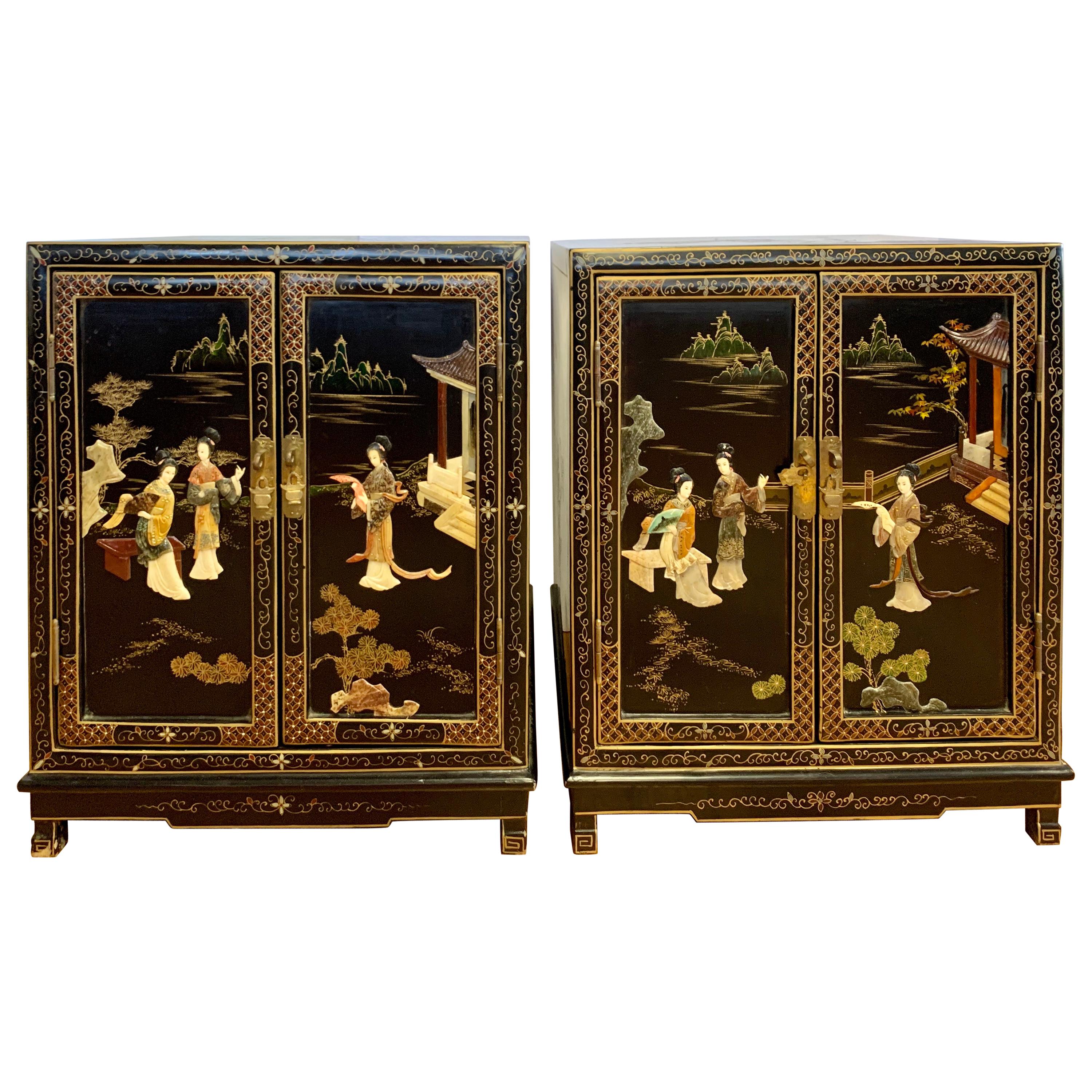 Pair of Chinoiserie Black Lacquer Hand Painted Nightstands Cabinets