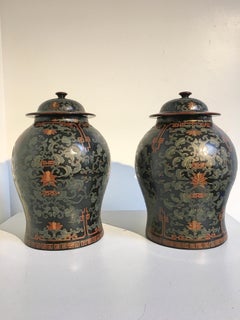 Pair of Chinoiserie Black Lacquer Painted Covered Temple Jars, circa 1980s