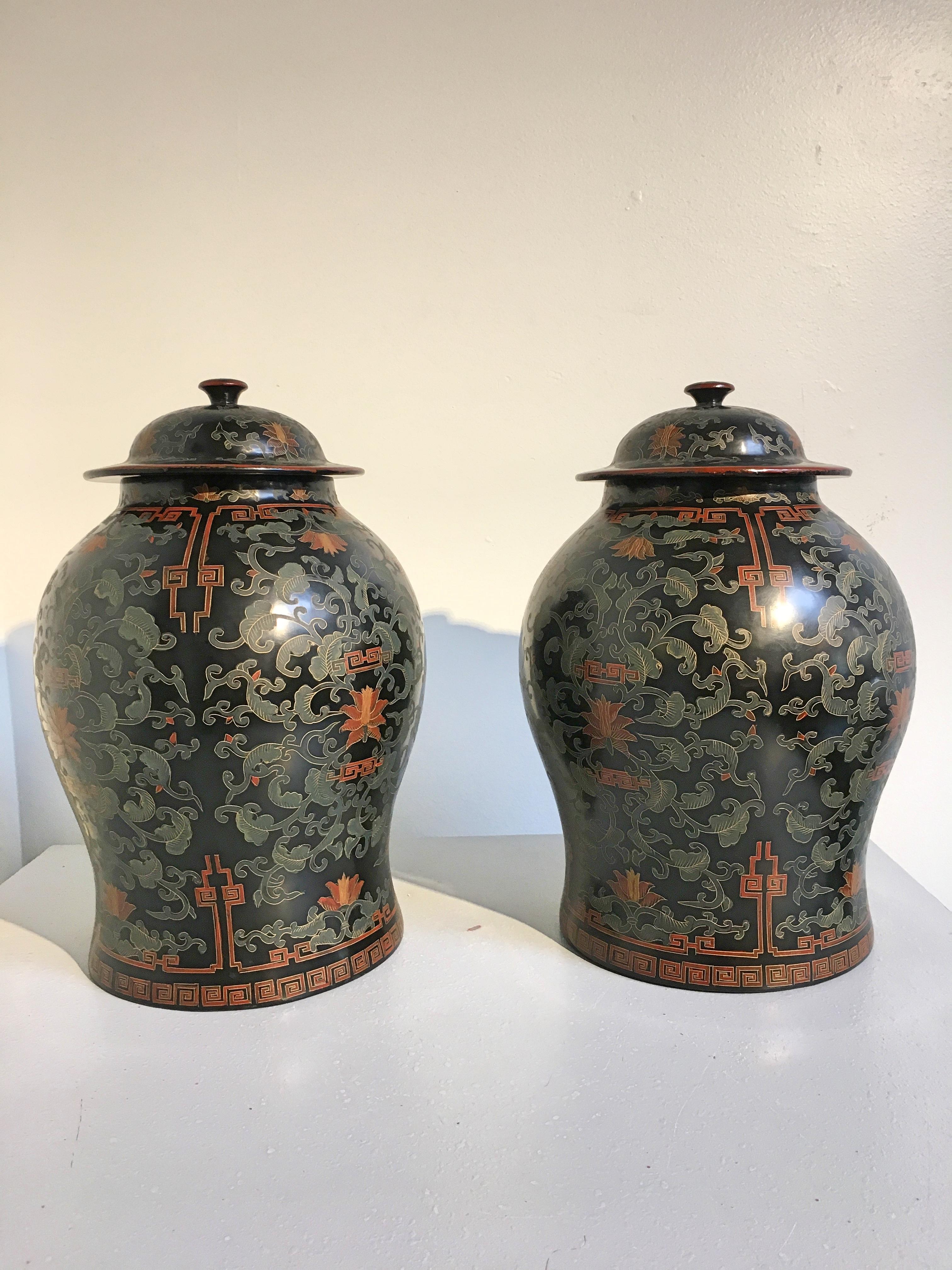 Hong Kong Pair of Chinoiserie Black Lacquer Painted Covered Temple Jars, circa 1980s