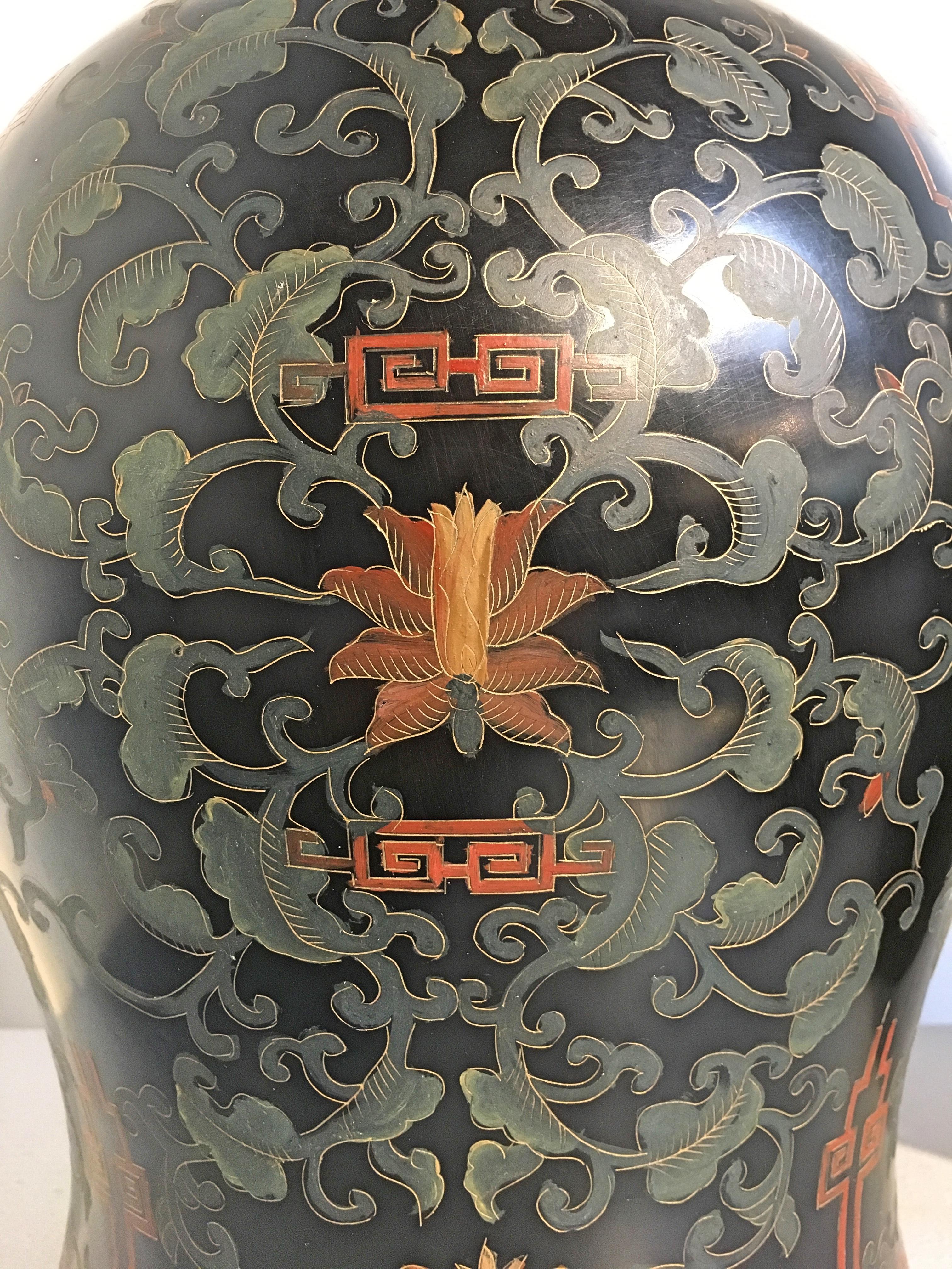 Pair of Chinoiserie Black Lacquer Painted Covered Temple Jars, circa 1980s 1