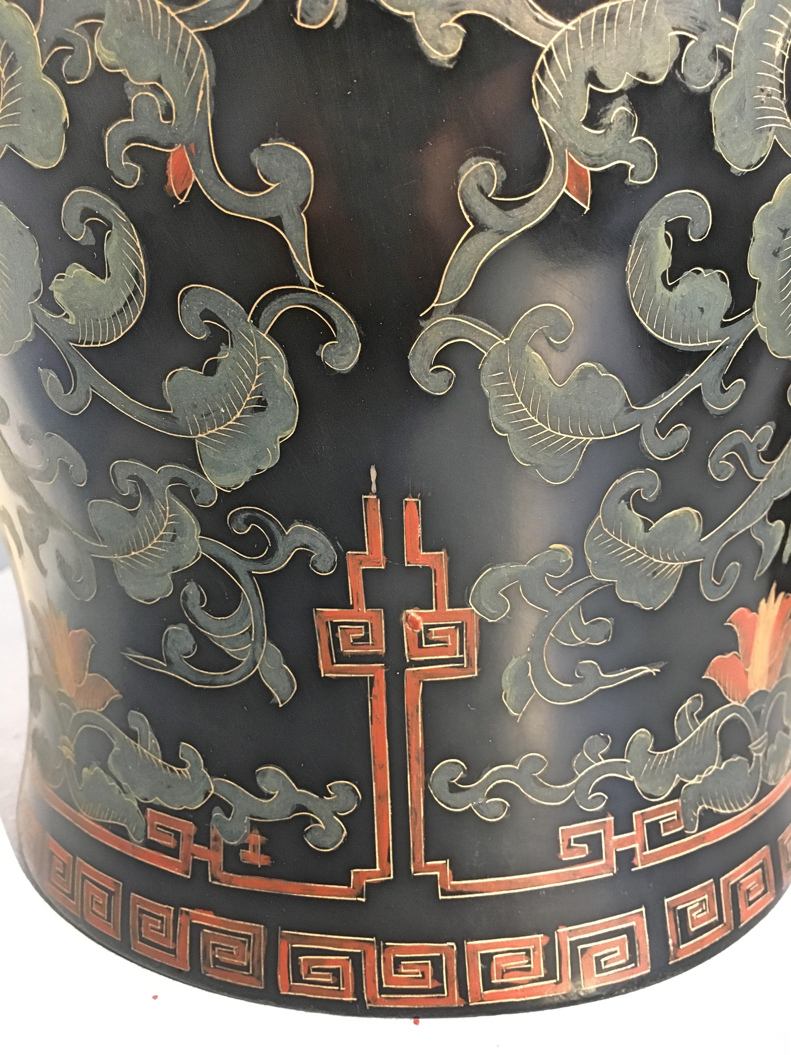 Pair of Chinoiserie Black Lacquer Painted Covered Temple Jars, circa 1980s 2