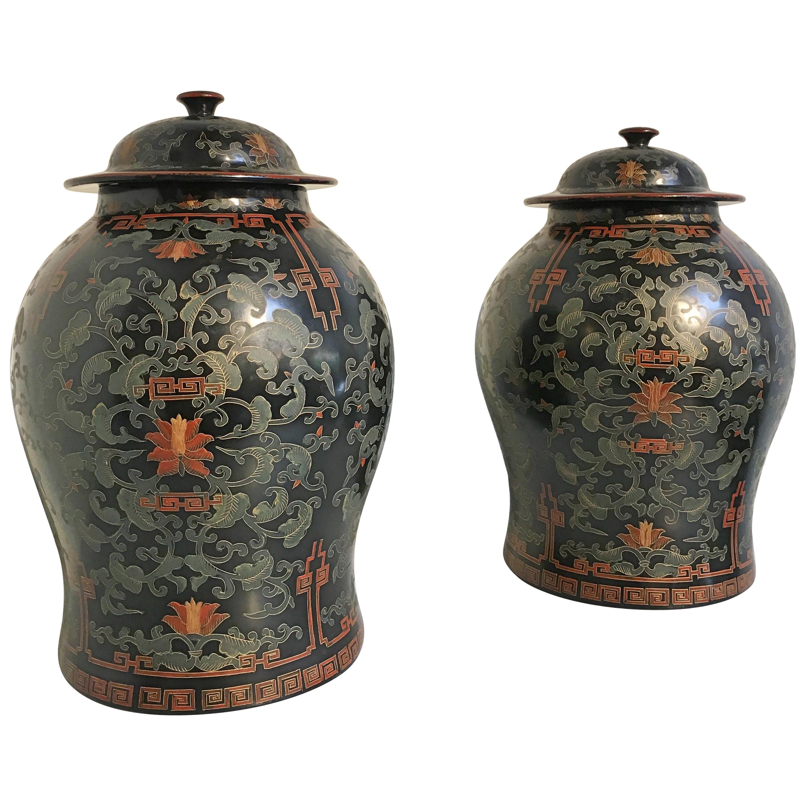 Pair of Chinoiserie Black Lacquer Painted Covered Temple Jars, circa 1980s
