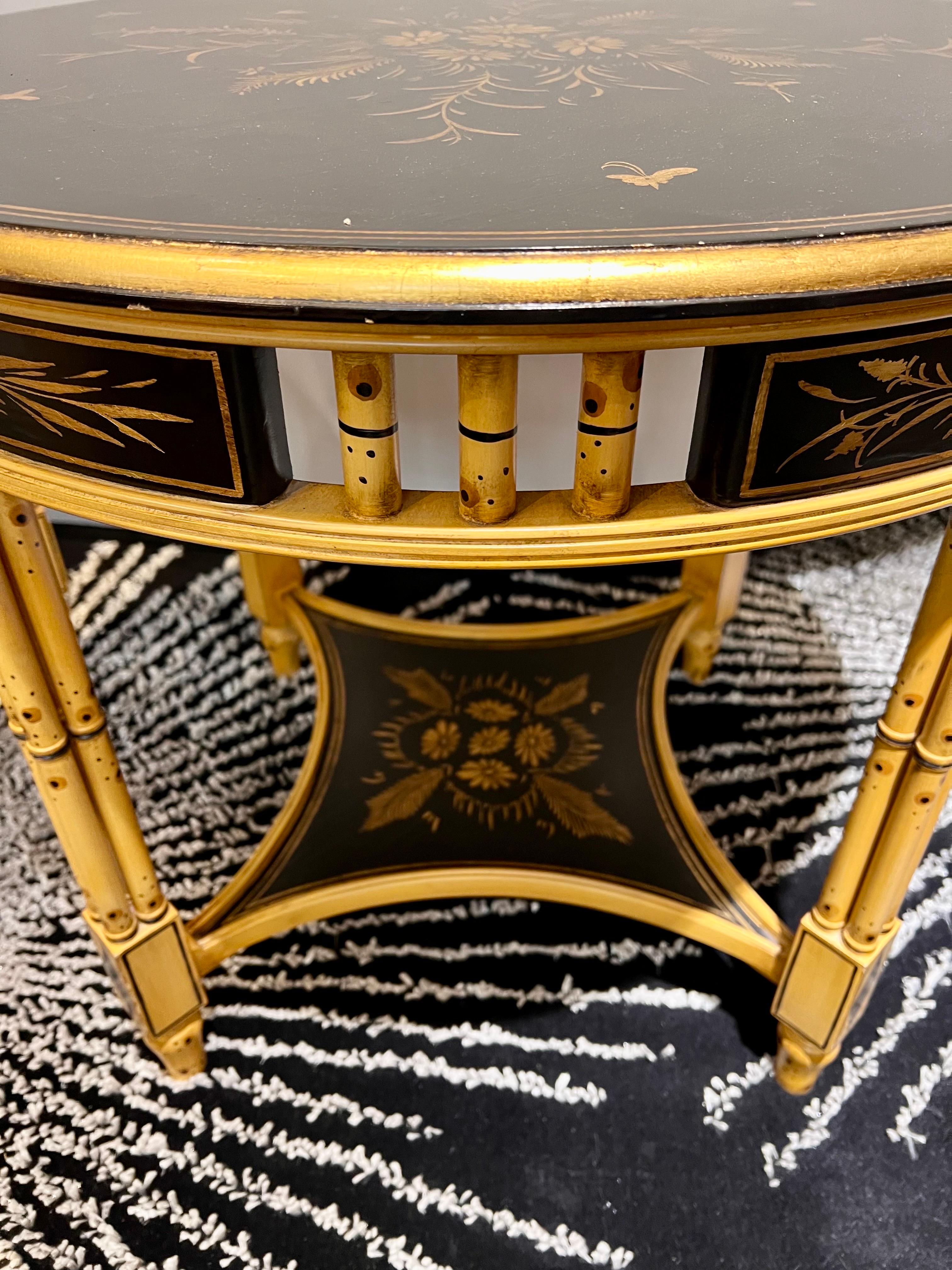 Pair of Chinoiserie Black Lacquered and Gold Faux Bamboo Round Tables For Sale 2