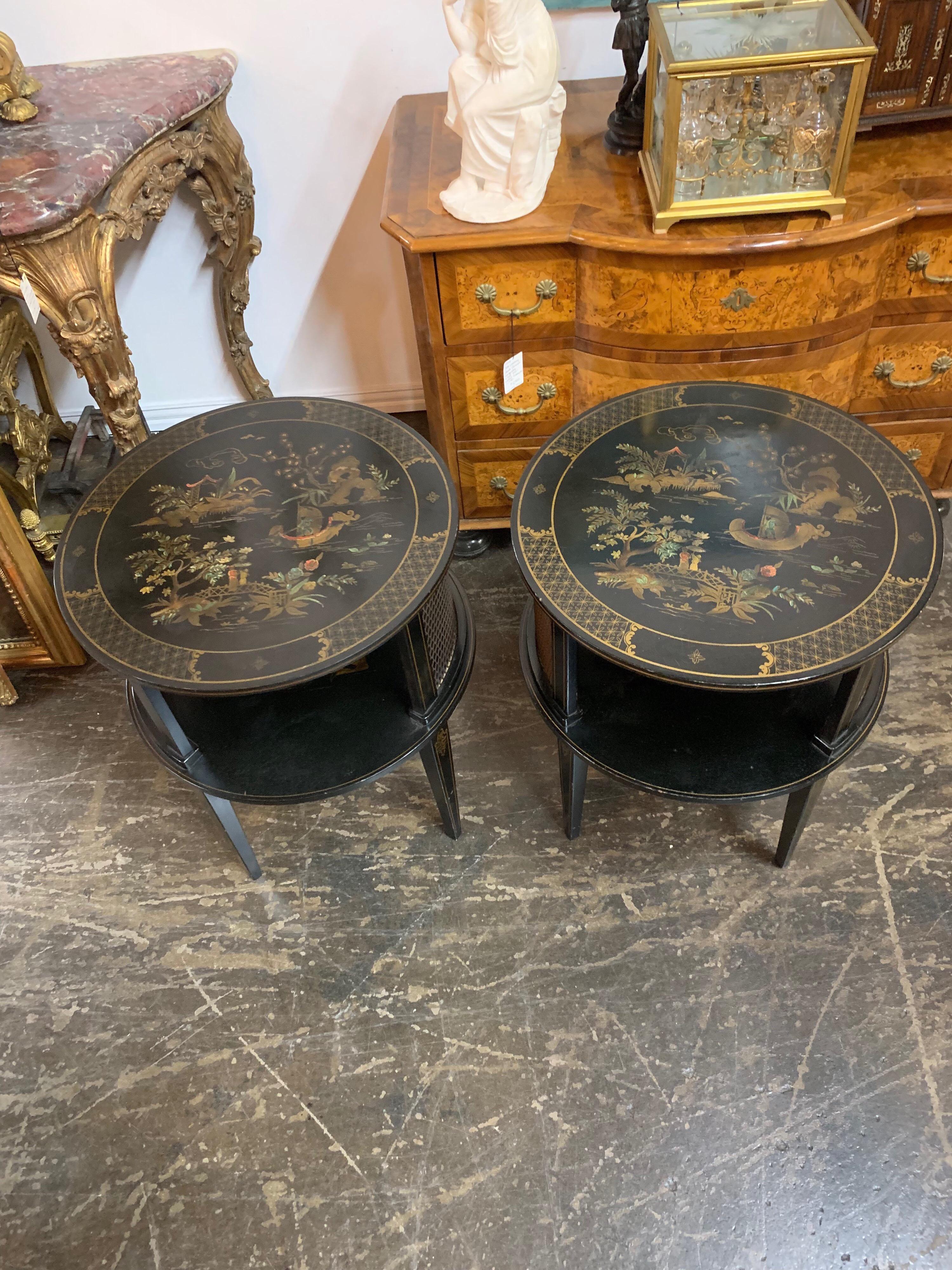 20th Century Pair of Chinoiserie Black Lacquered Side Tables